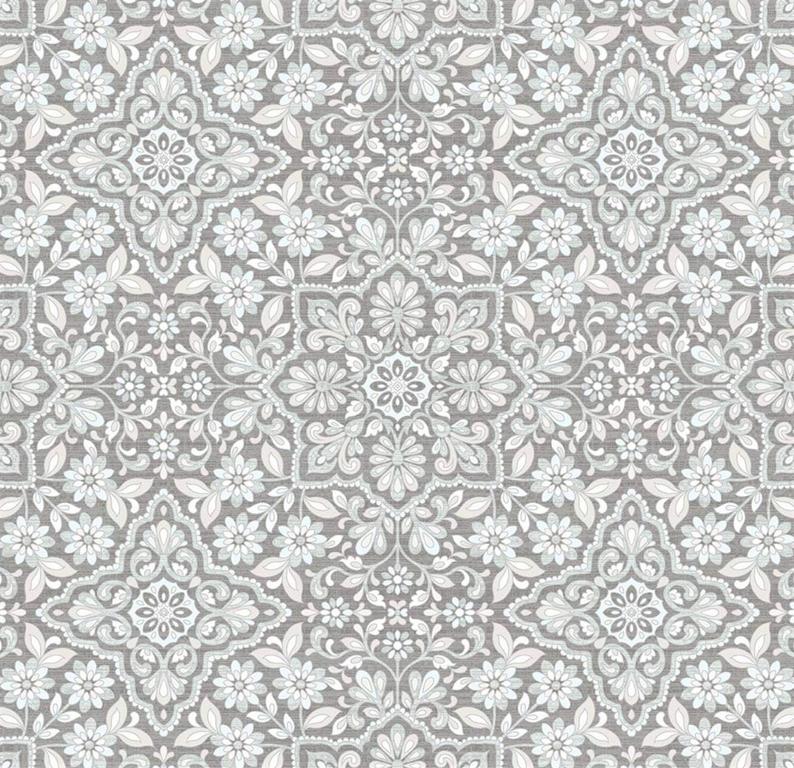 Pale Blue Gray Farmhouse Wallpaper Moroccan Floral Mosaic