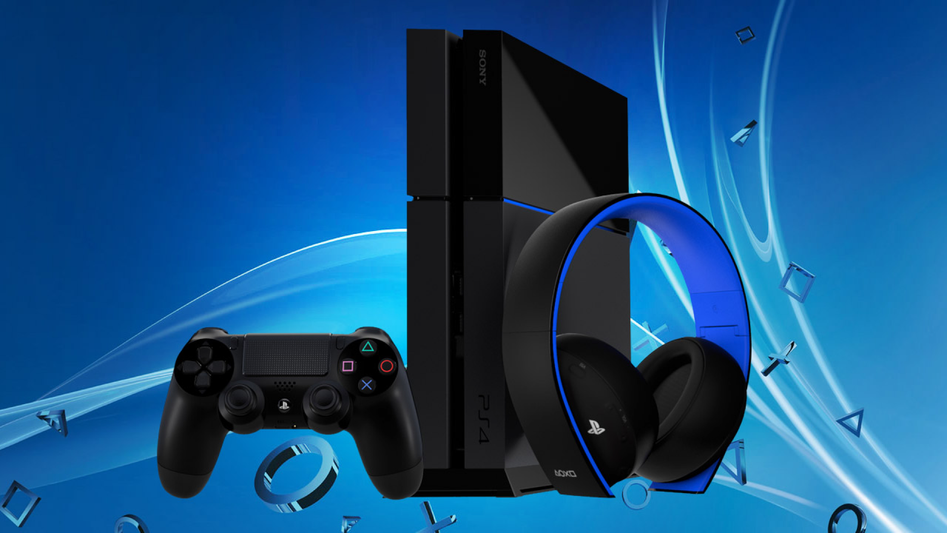 Sony PlayStation 4 console, controller, and wireless headset on a blue background