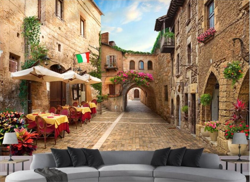 Italian Town Cobblestone Street Outdoor Cafe Theme Wallpaper Mural