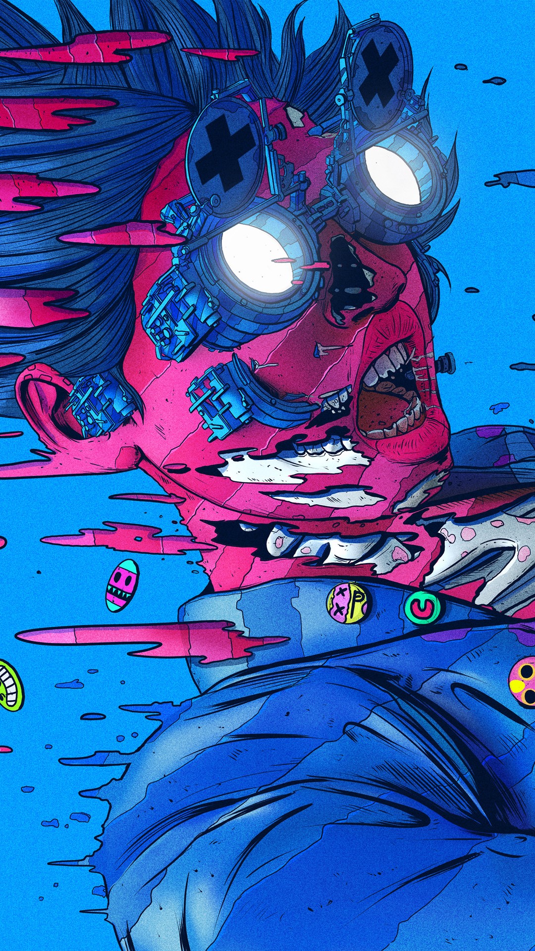 A vibrant, cyberpunk-inspired illustration ideal for phone wallpapers. The artwork features a dynamic, partially disintegrating portrait of a person with glowing goggles marked with crosses. The backdrop is an electric blue, and colorful abstract elements enhance the futuristic aesthetic