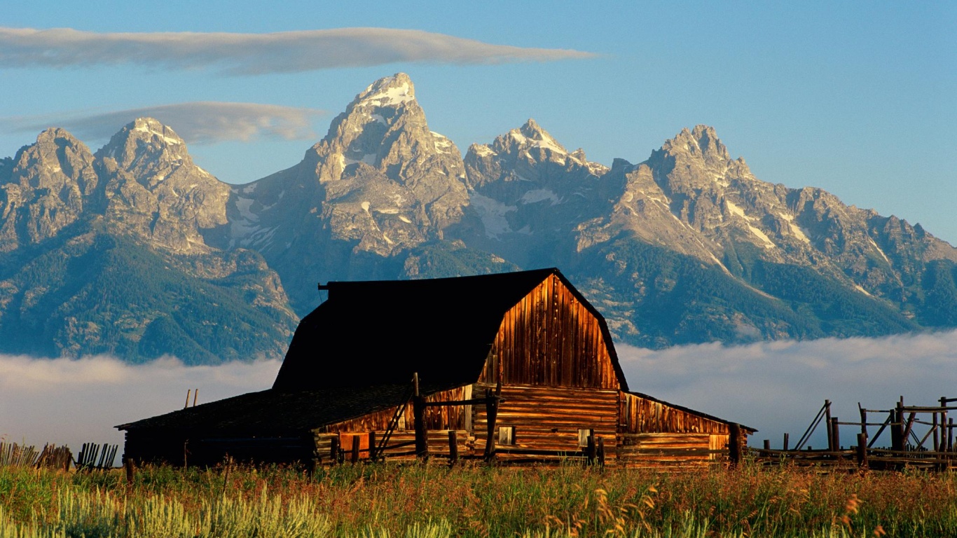 1366x768 Mountains and cabin desktop PC and Mac wallpaper