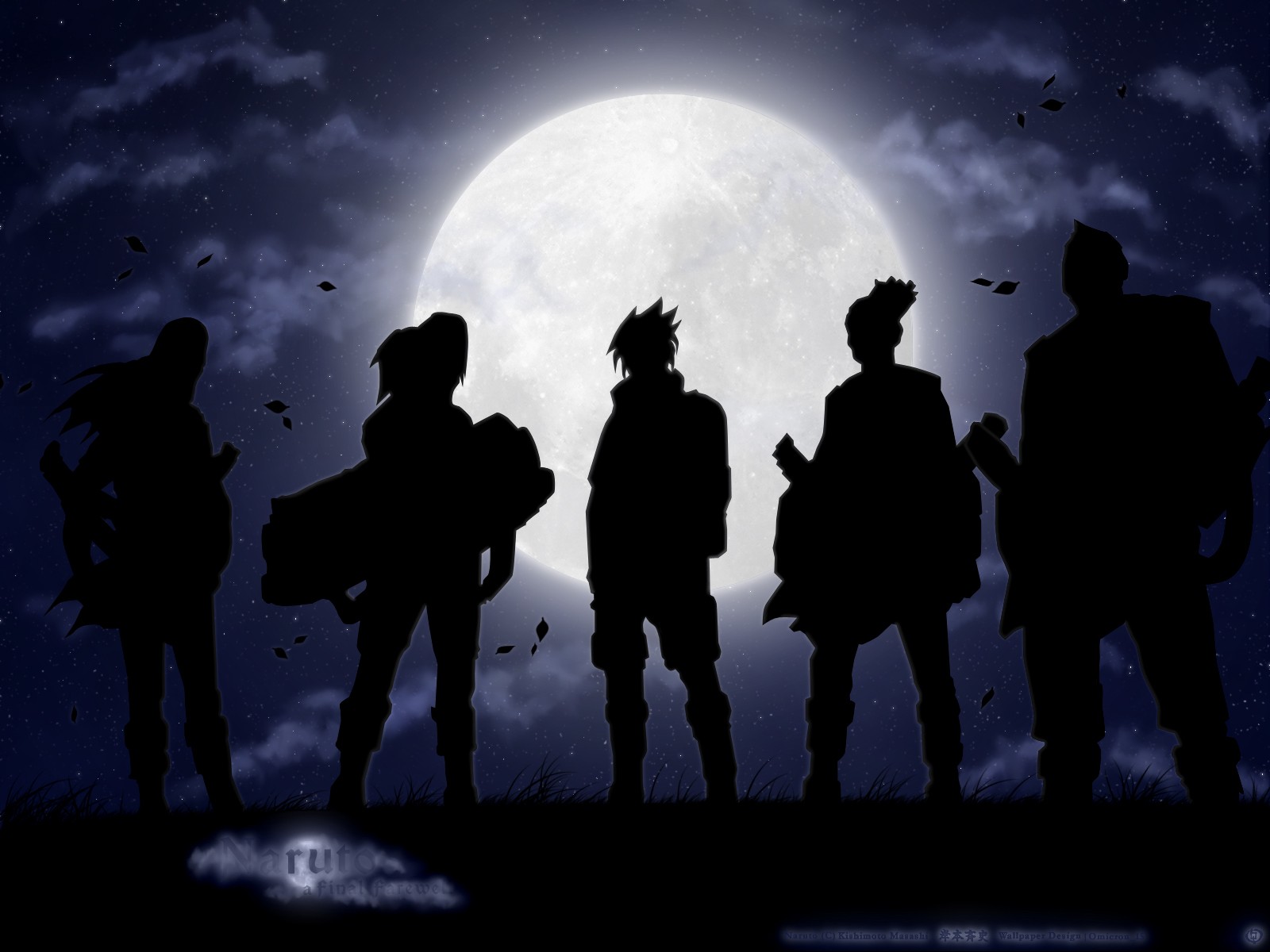 Silhouettes of Naruto characters against a full moon, Naruto Shippuden fan art