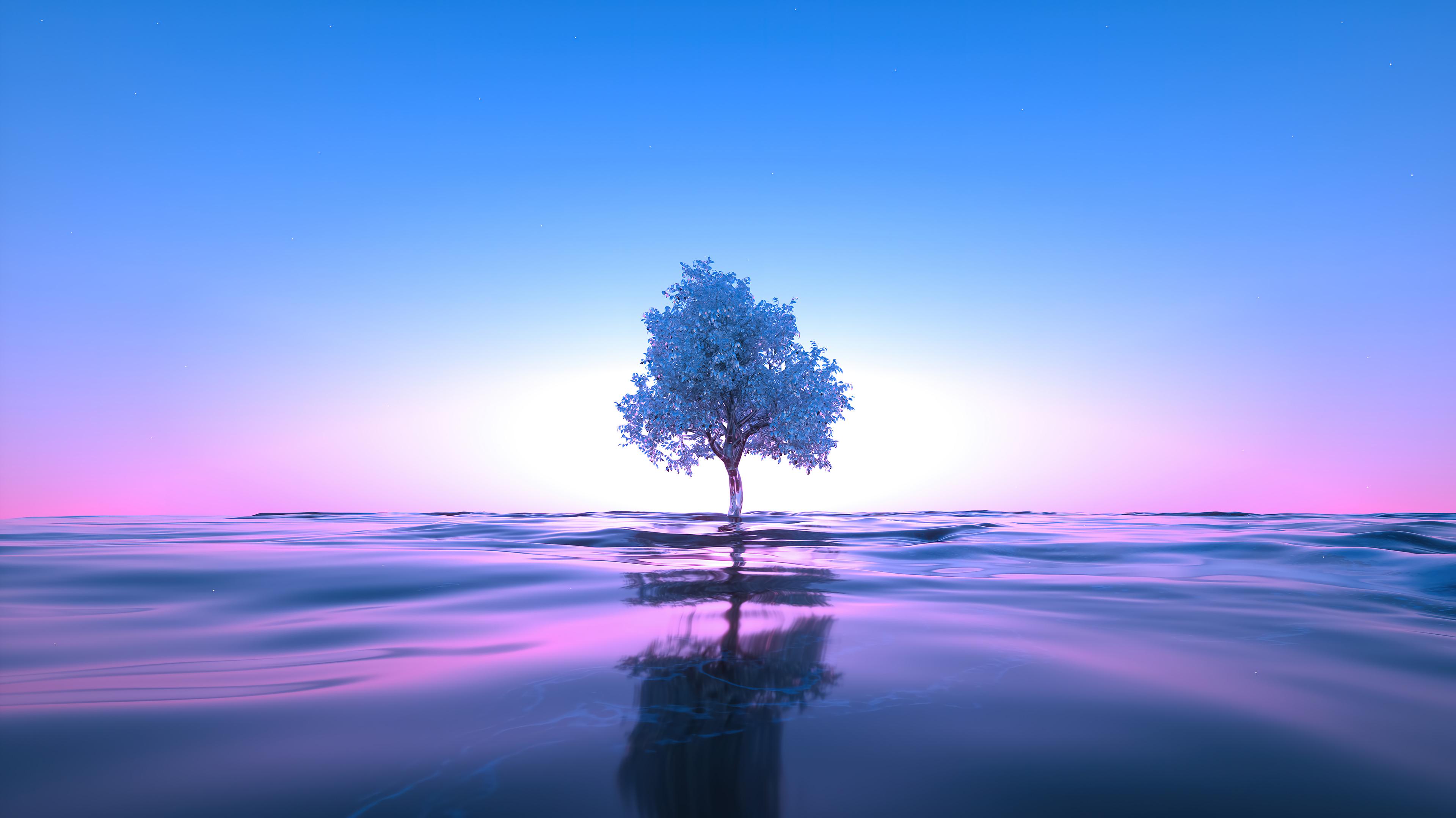 Sea Ocean Render Tree Digital Art Reflection 4k Wallpaper iPhone