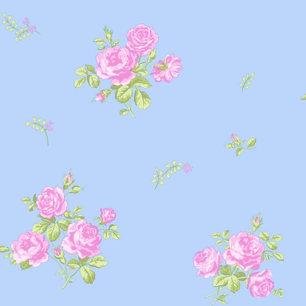 Floral Designer Feature Wallpaper Sky Blue Pink Flower Rose