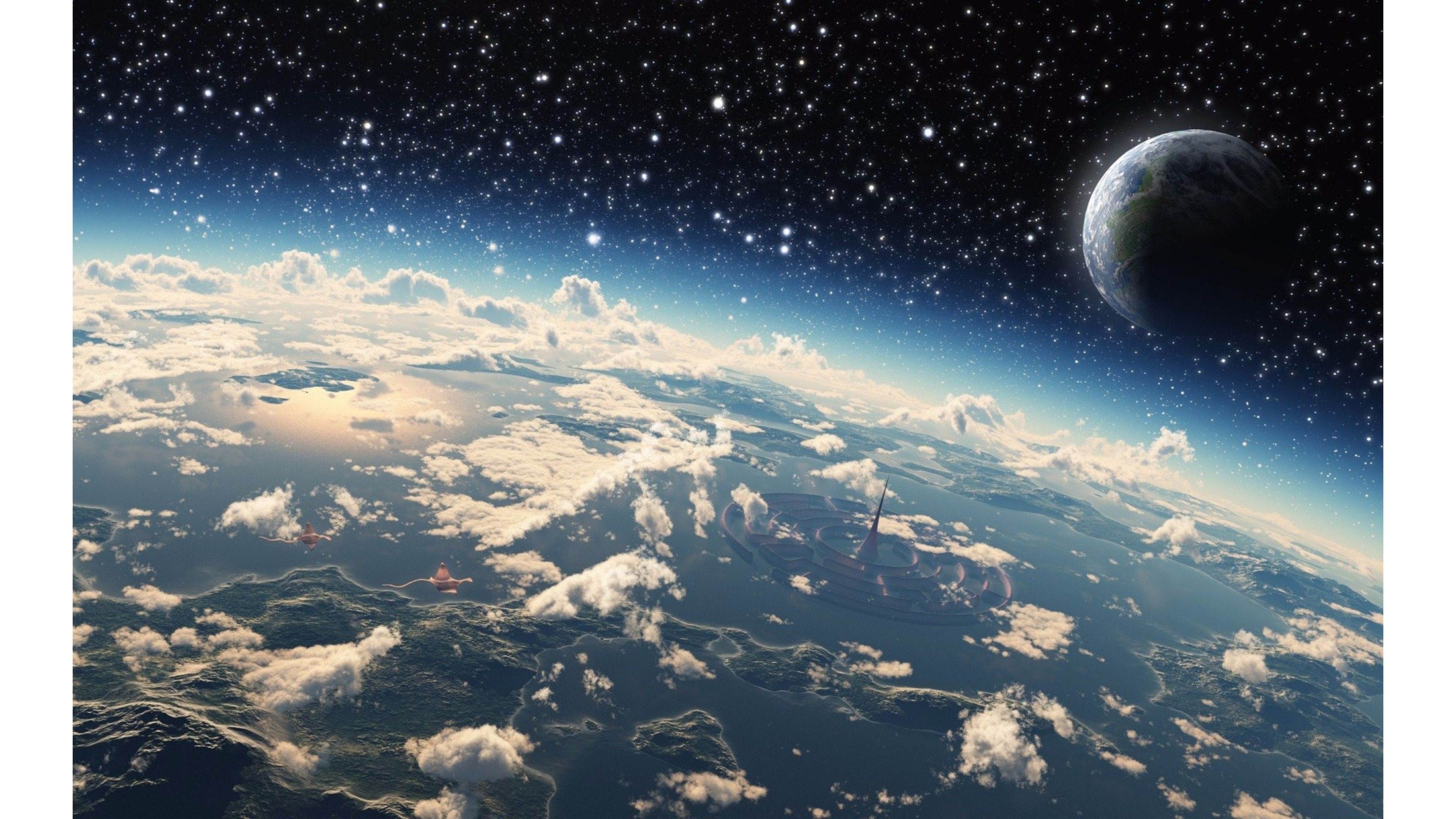 4K Space Wallpaper: Breathtaking view of a planet with swirling clouds, islands, and futuristic structures, a large moon in orbit, and a vast starfield in the background