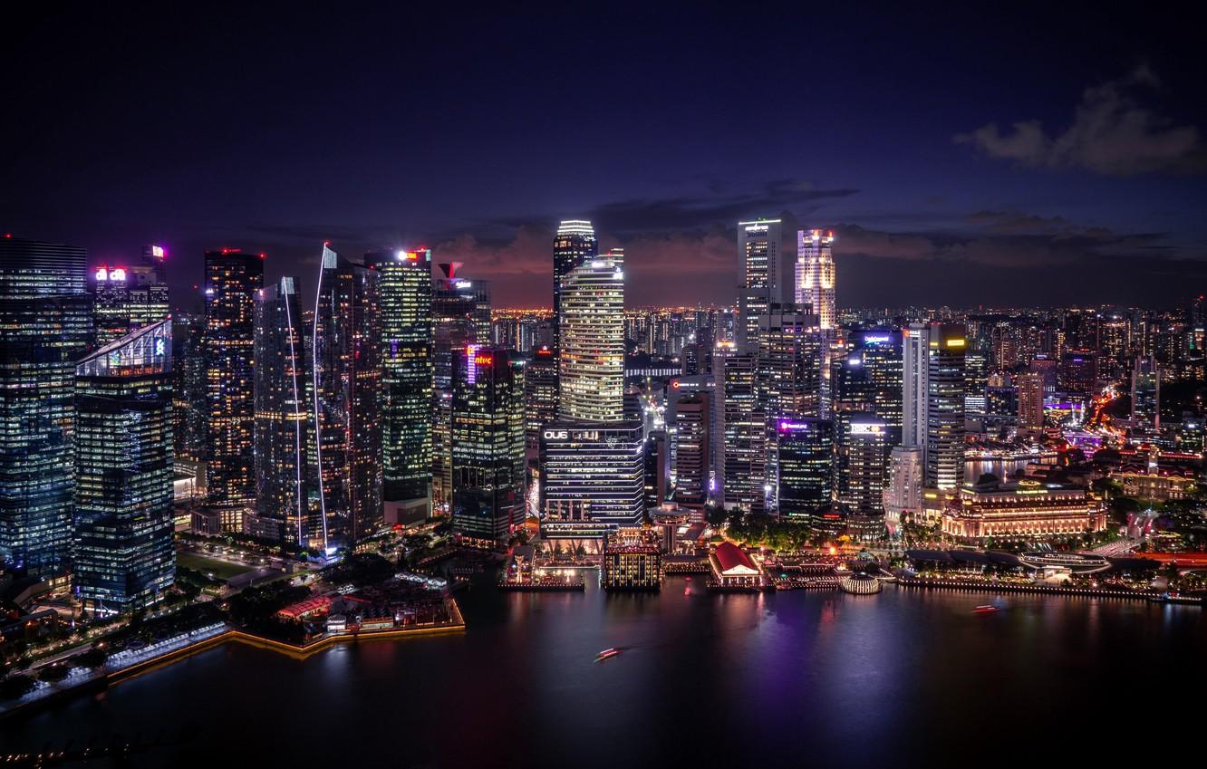 Wallpaper city lights coast water blur Singapore buildings