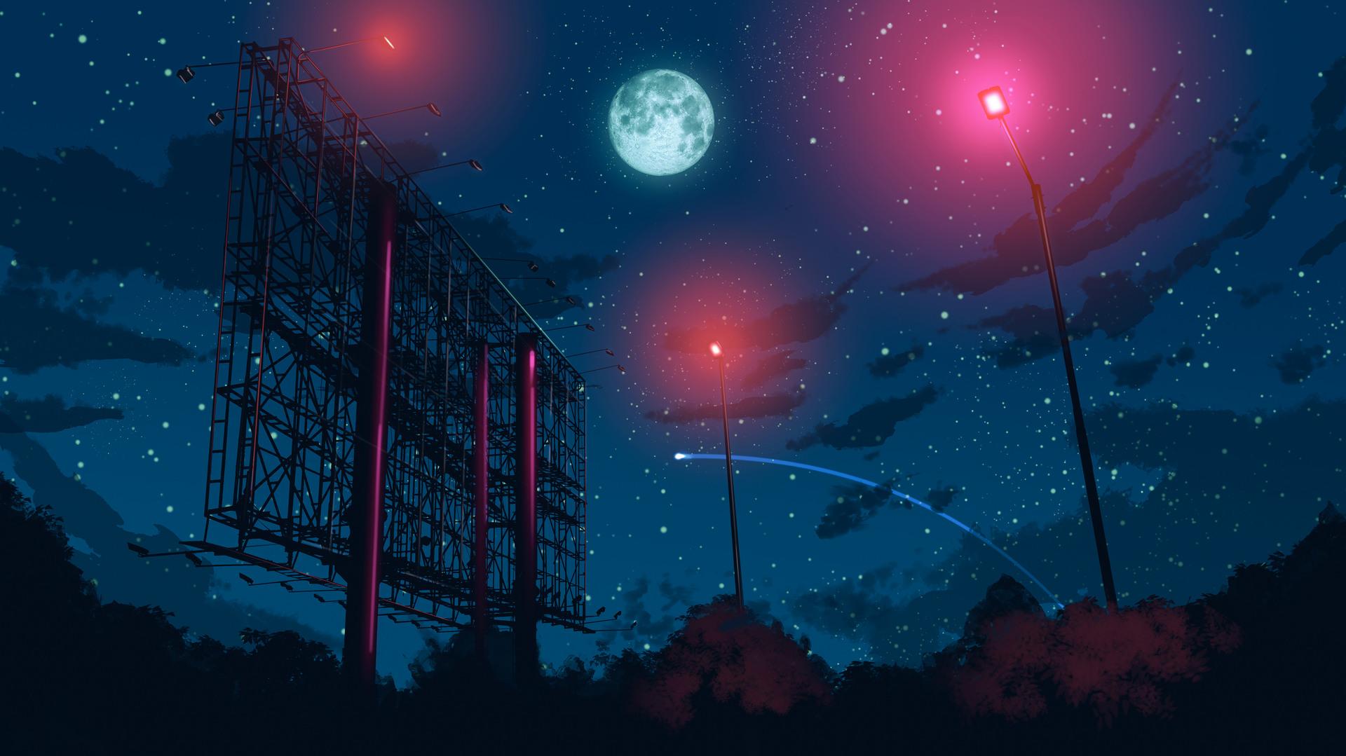 Starry Night Sky Moon Stars Anime Scenery 8K Wallpaper
