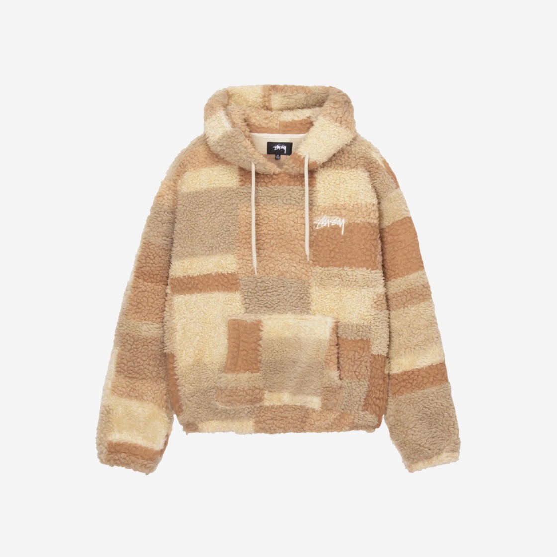 A Stüssy patchwork sherpa fleece hoodie in beige, featuring a kangaroo pocket and drawstring hood, isolated on a white background