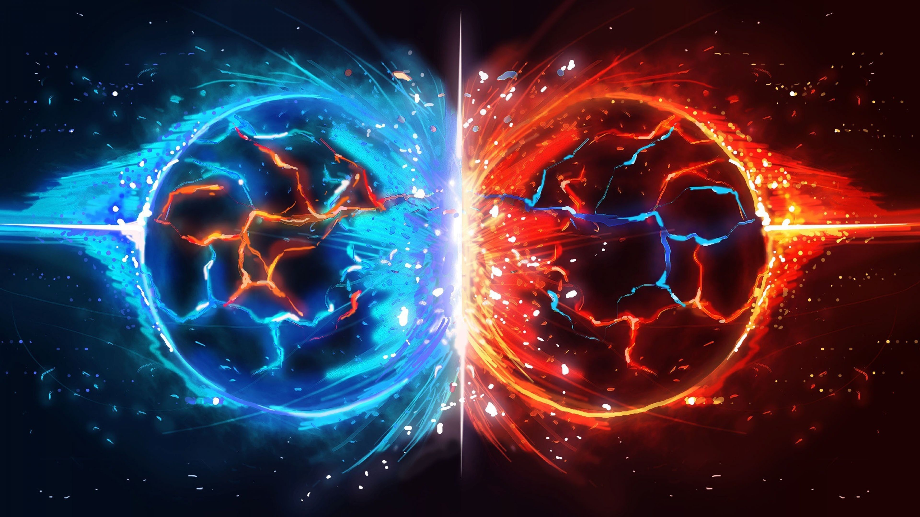 Abstract wallpaper with colliding blue and red energy spheres, perfect for a cool PC background