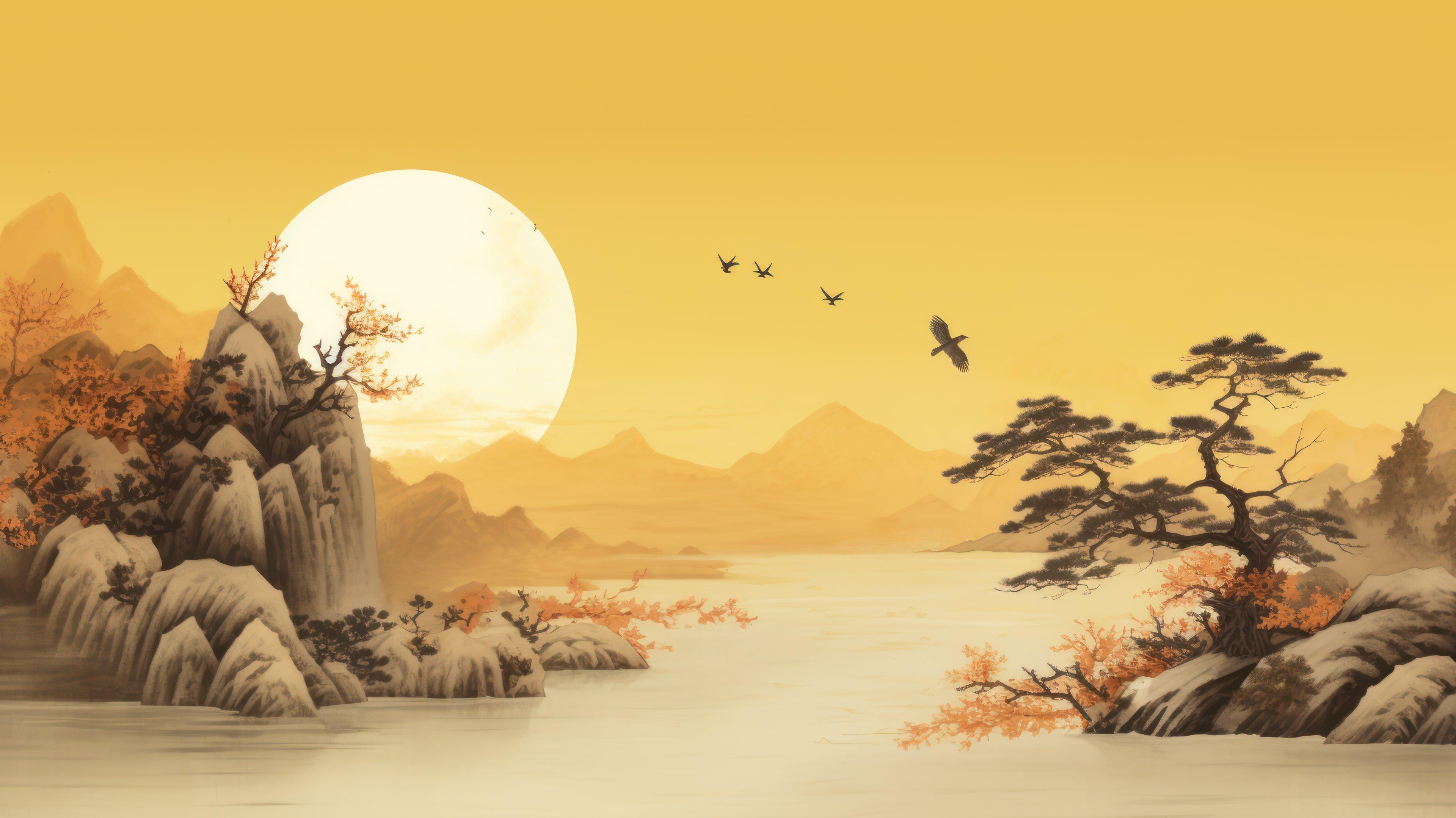 Chinese House Night Moon Scenery 4K Wallpaper iPhone HD Phone #8371m