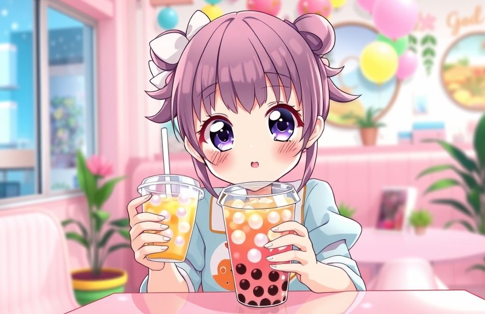 Cute Anime Girl Drinking Boba Wallpaper
