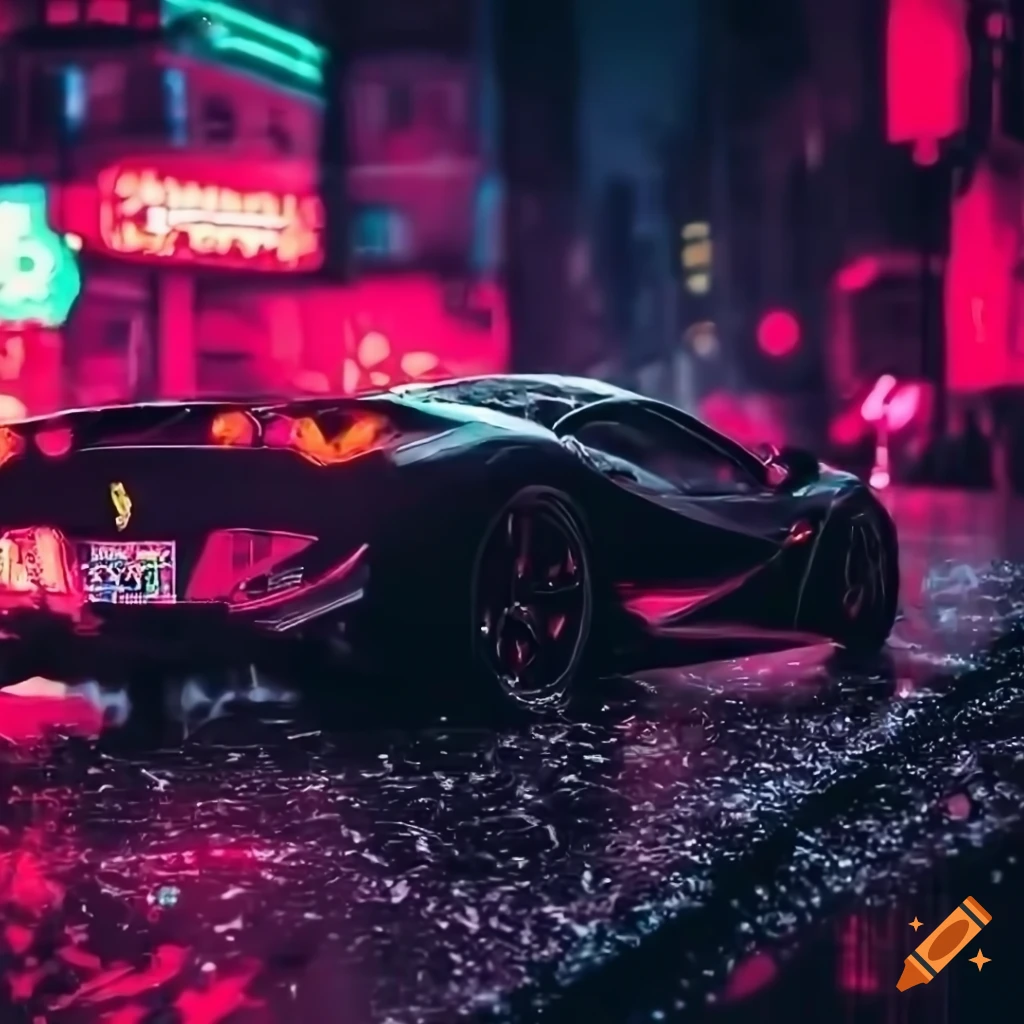 🔥 Free Download Black Ferrari Car In A Futuristic City Torrential Rain 