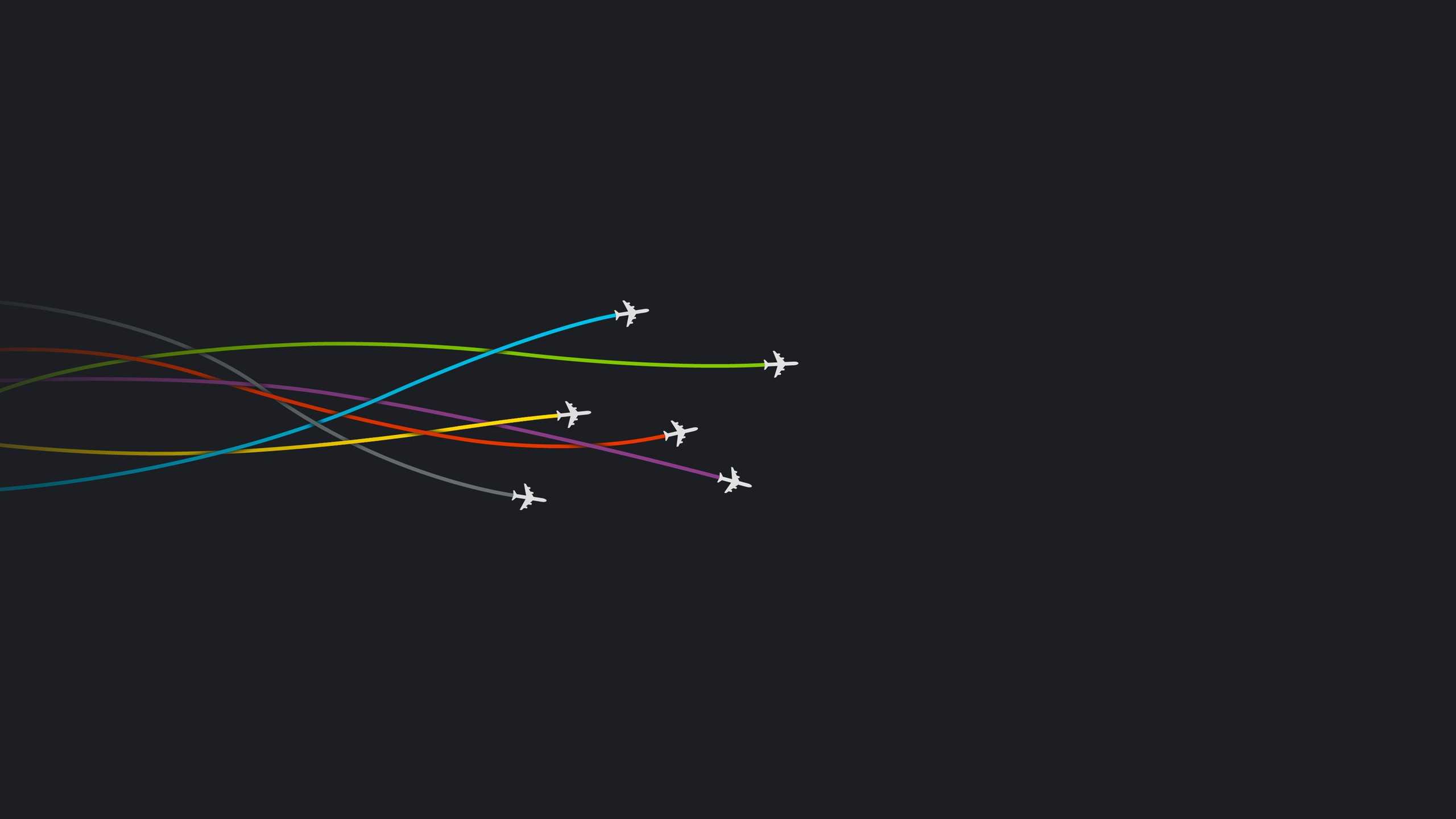 Minimalist wallpaper featuring colorful airplane trails against a dark background