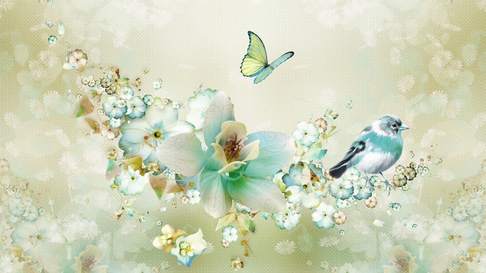 Flowers Birds and Butterfly wallpaper