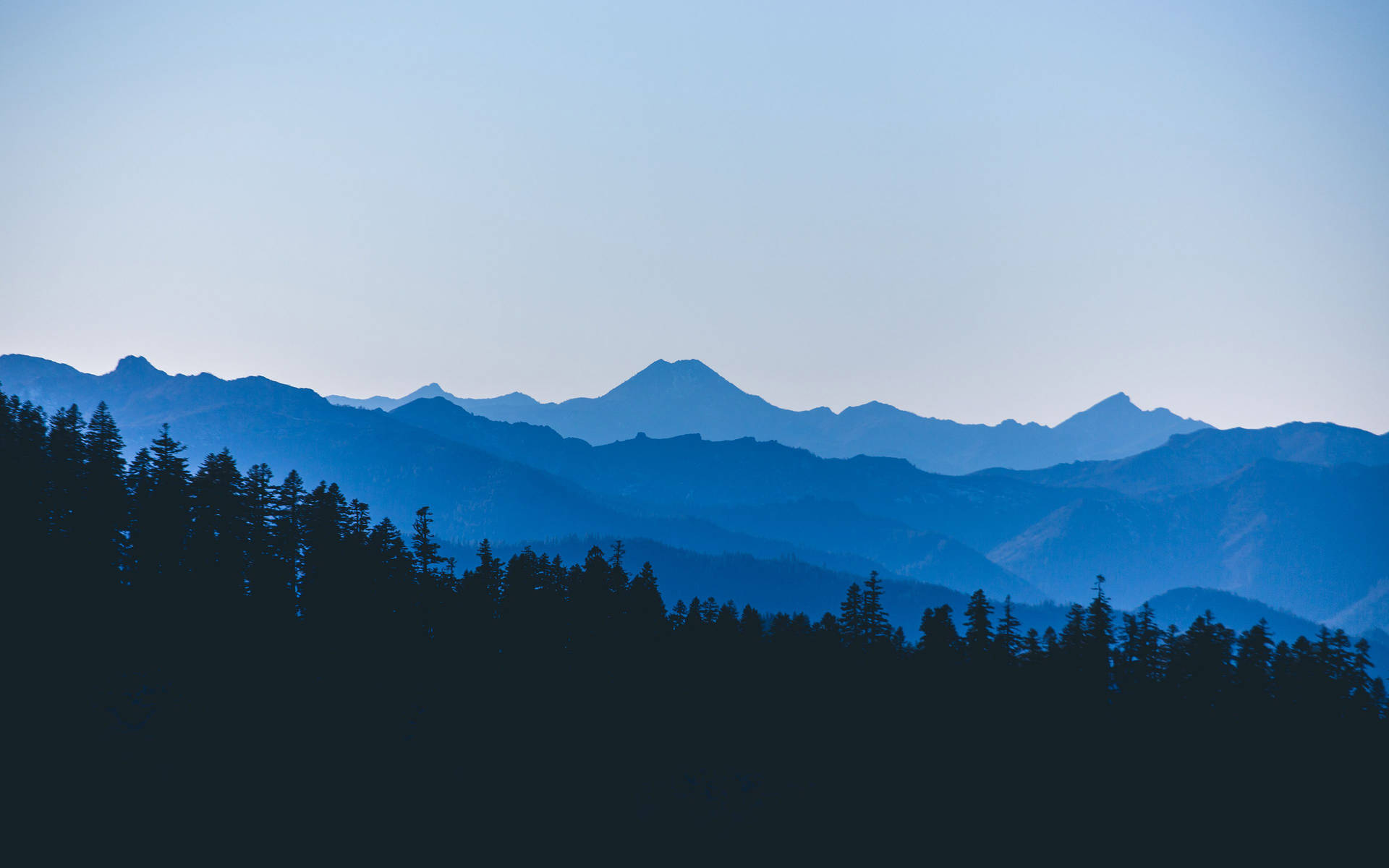 Minimalist 4k wallpaper featuring silhouettes of a dark forest against a backdrop of hazy blue mountains