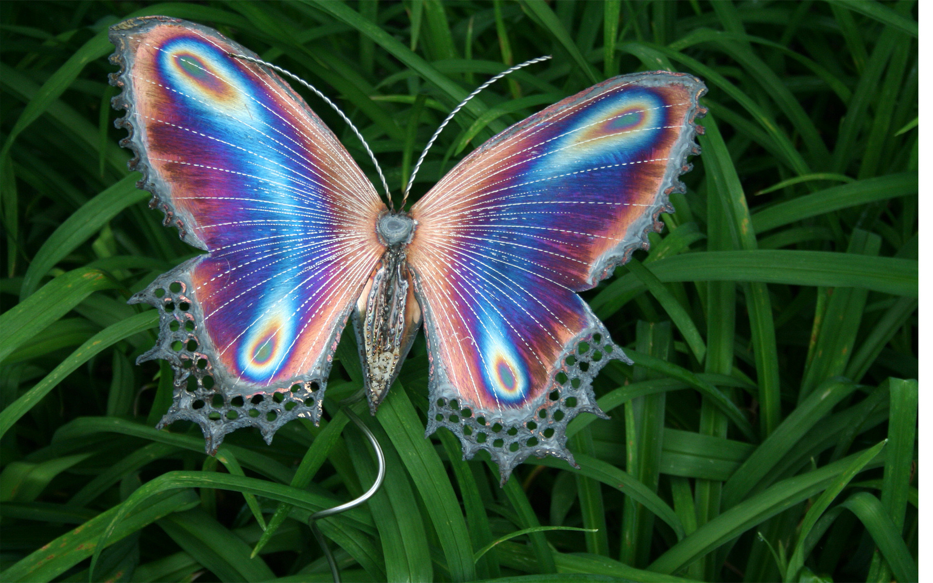 A vibrant, metallic butterfly sculpture with iridescent wings rests on a bed of green grass, creating a striking contrast between nature and art