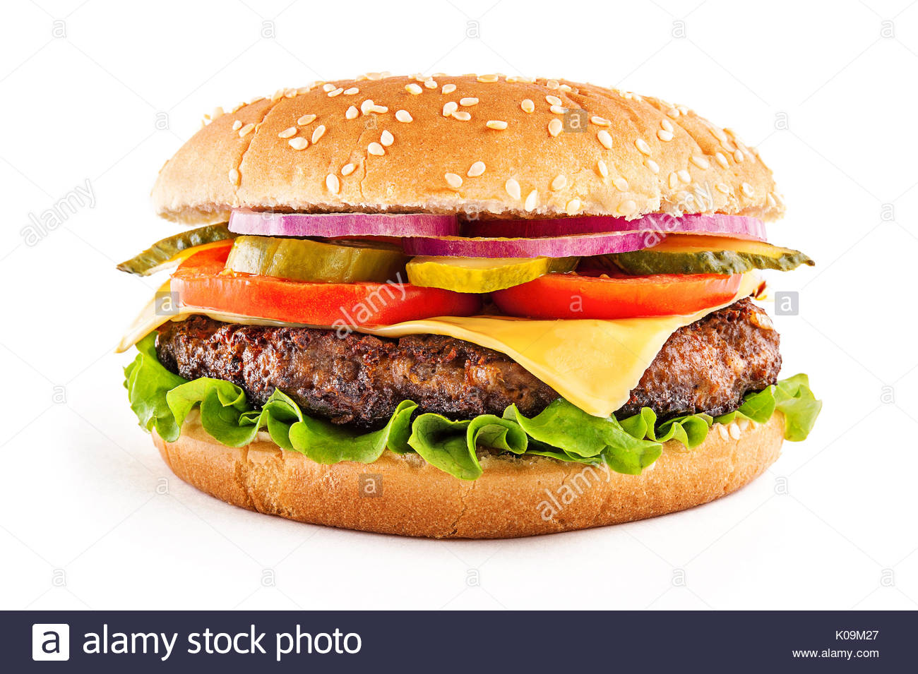 Classic Cheeseburger Isolated On White Background Front