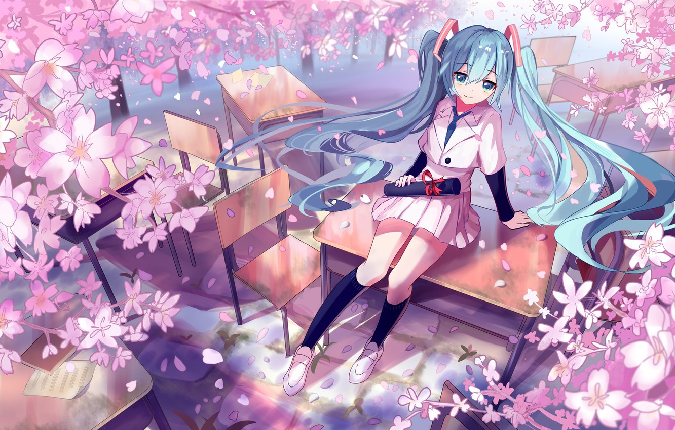 Wallpaper chairs Sakura knee vocaloid Hatsune Miku flowering