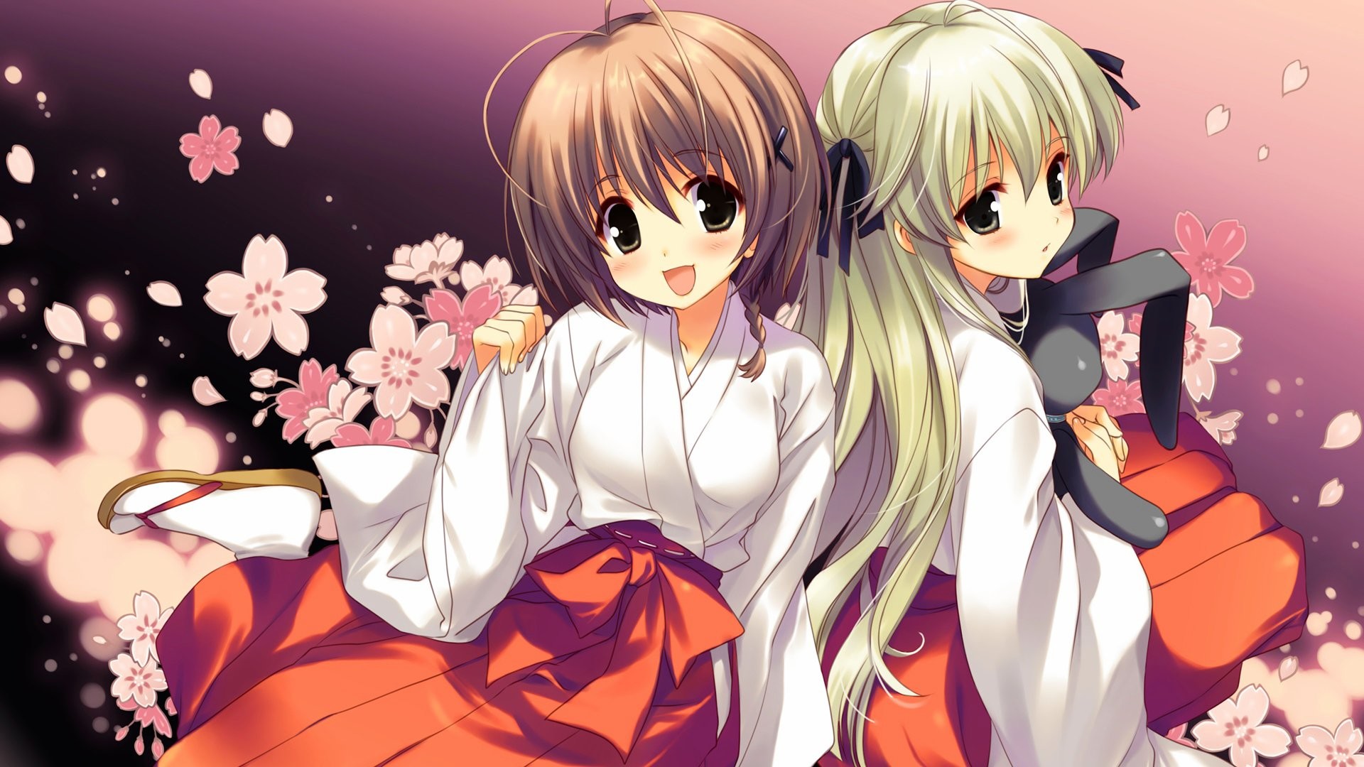 Two cute anime girls in traditional Japanese attire with cherry blossoms in the background