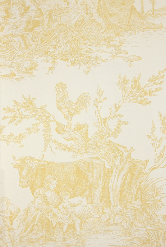 Toile De Jouy Wallpaper In Yellow On Off White Has Matching Fabric