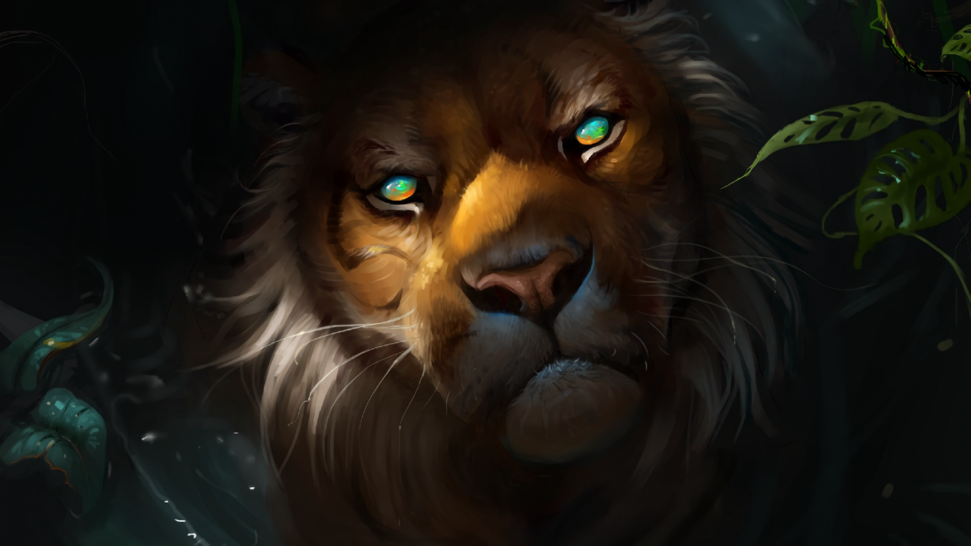 Desktop Wallpaper Lion Muzzle Predator Glwoing Eyes Art HD