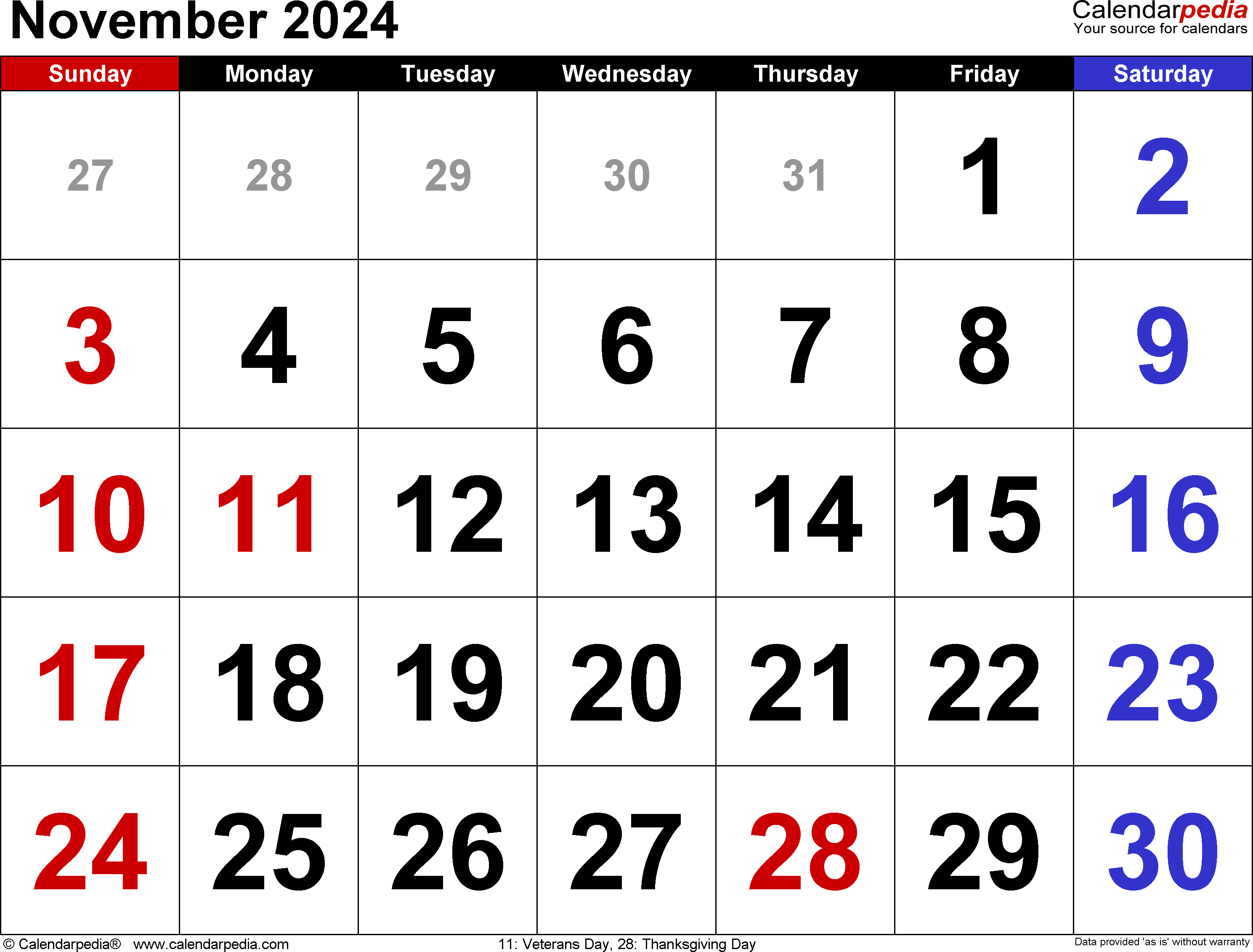 November 2024 calendar with highlighted holidays and events
