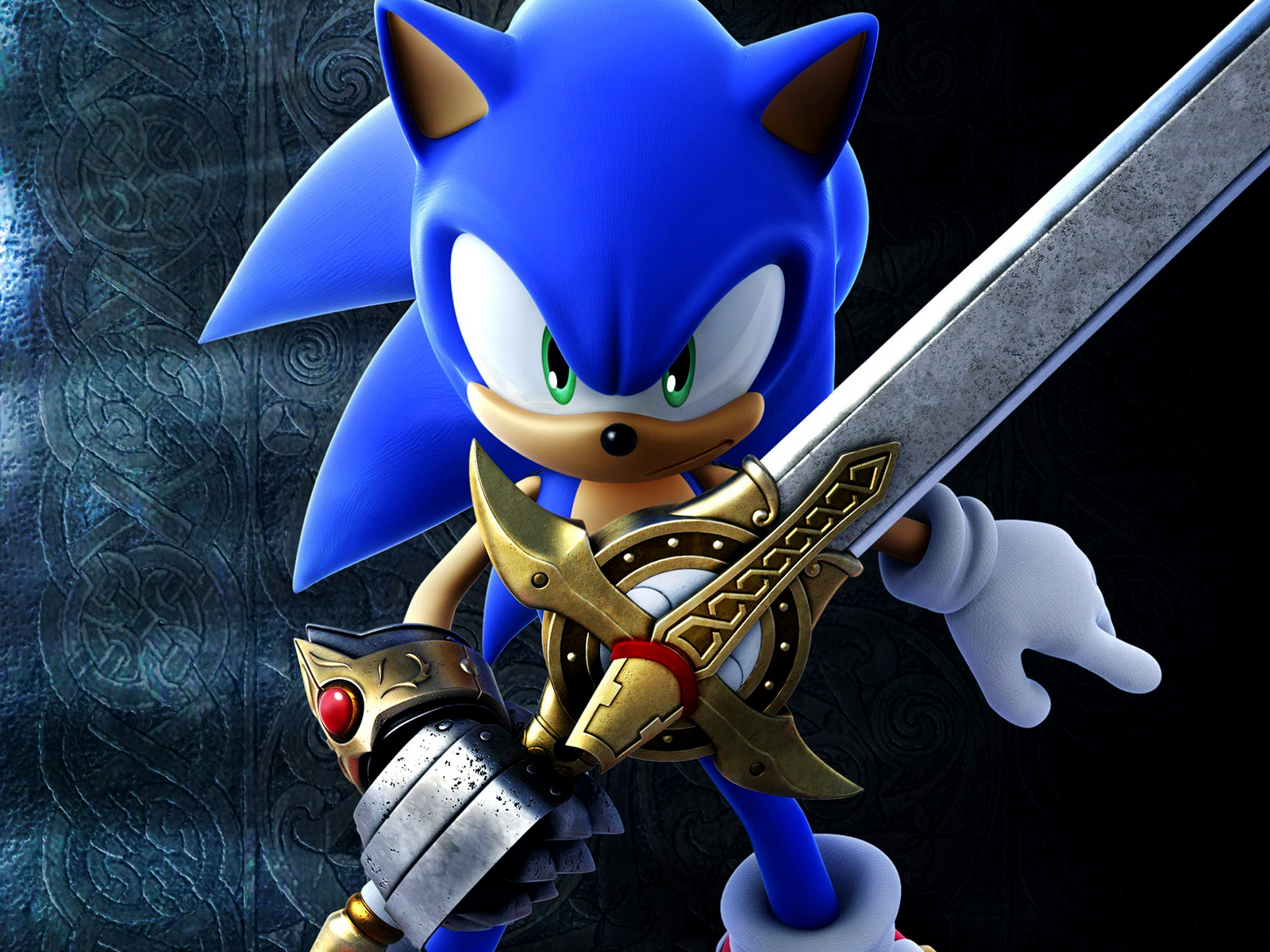 Sonic the Hedgehog wielding a sword in a dark, medieval setting