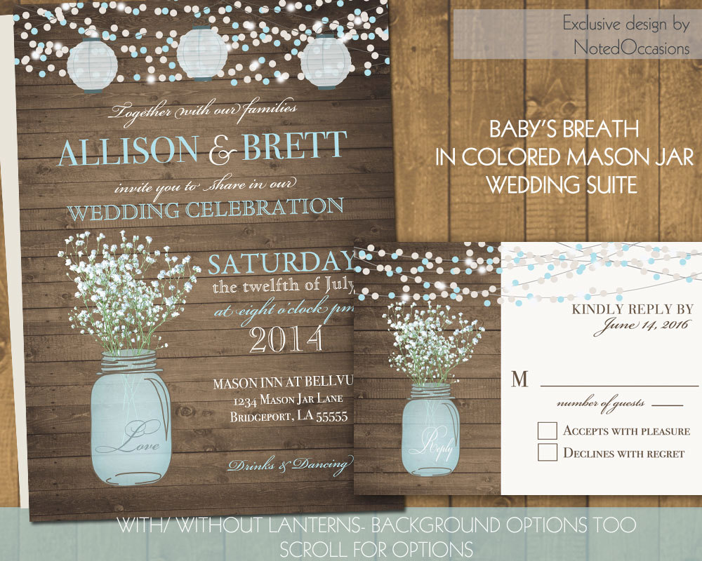Mason Jar Wedding Invitations Suite Rustic Country Baby S Breath