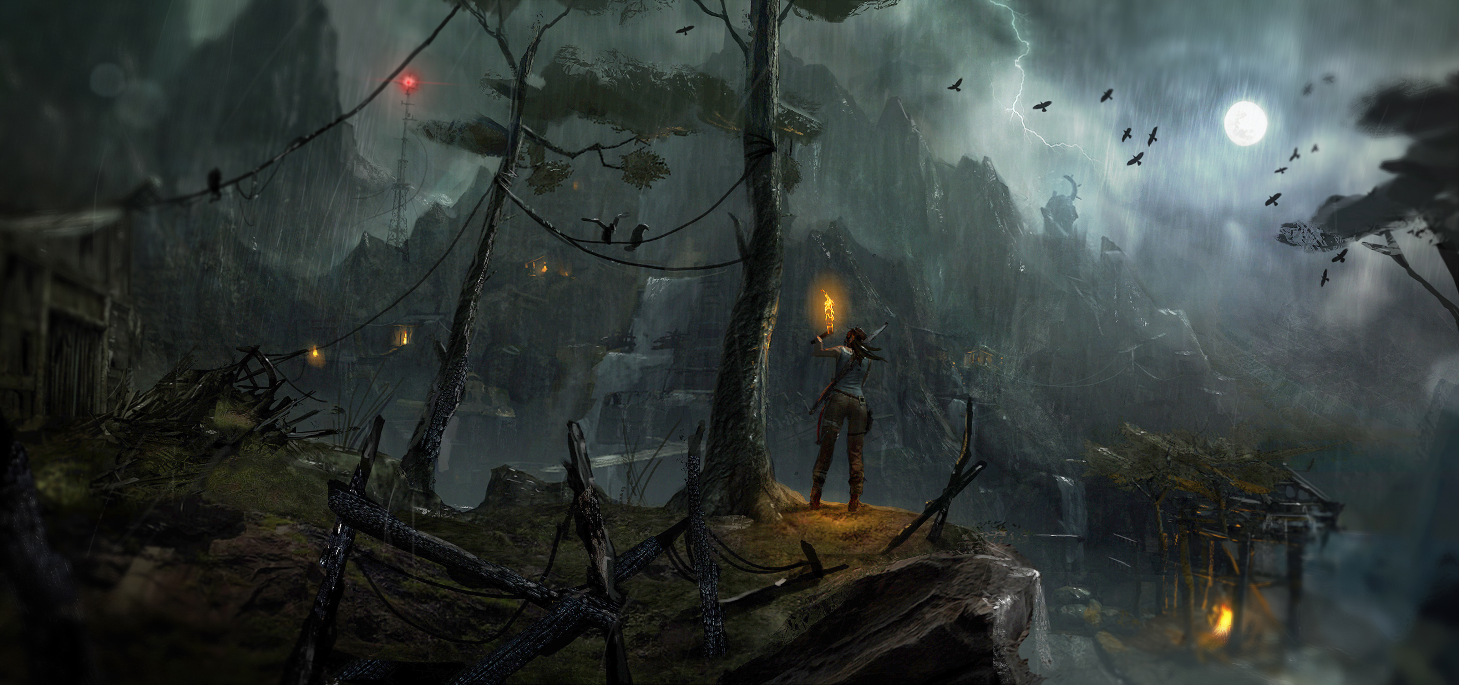 4k Wallpaper Games Birds Lightning Moon Rain Torch Lara Croft