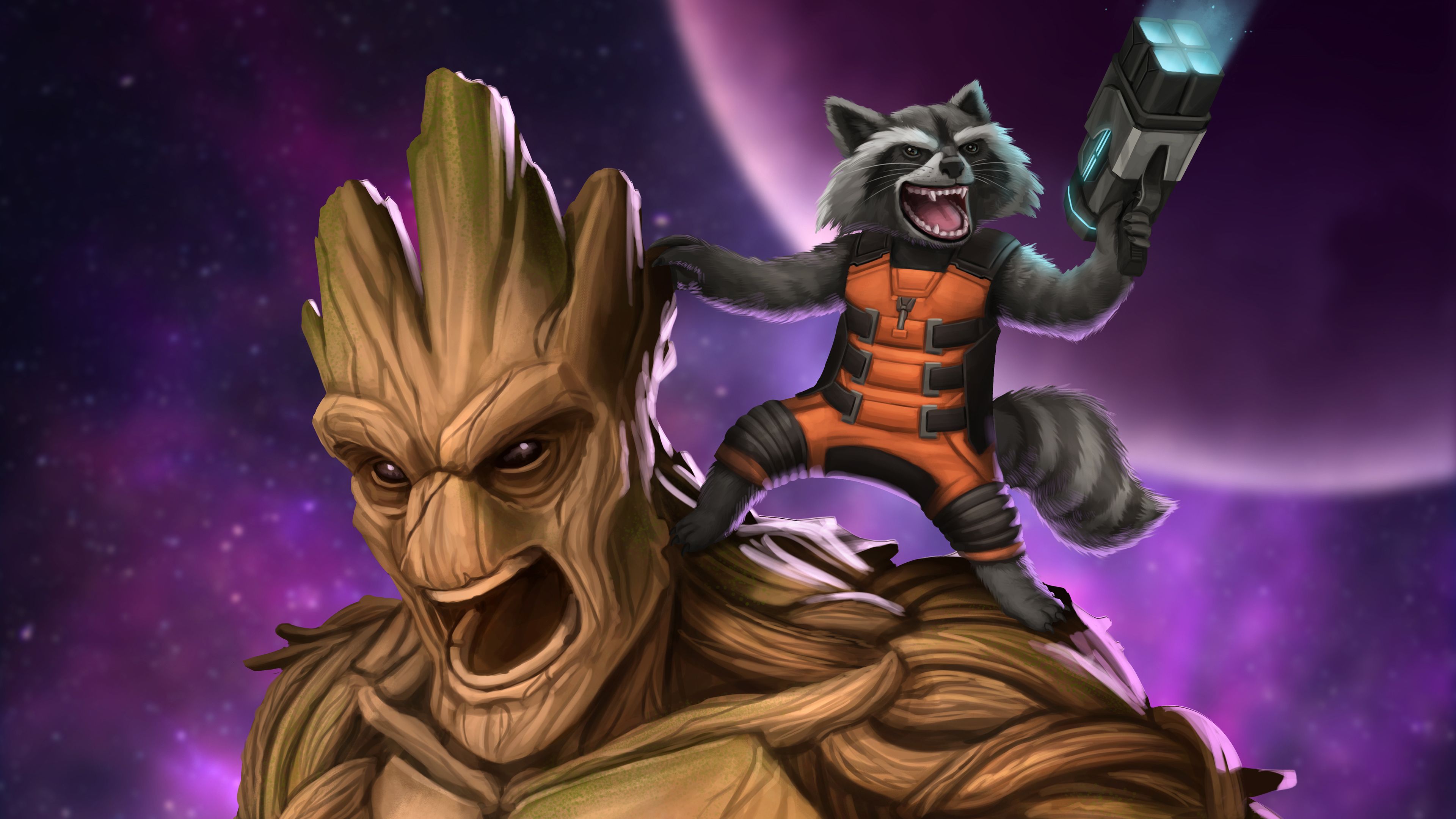 Groot And Rocket Raccoon Artwork 4k Superheroes Wallpaper