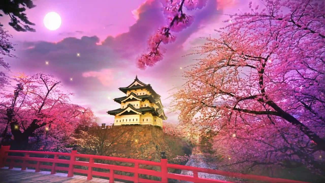 A Cool Japanese Tree Around Castle Wallpaper