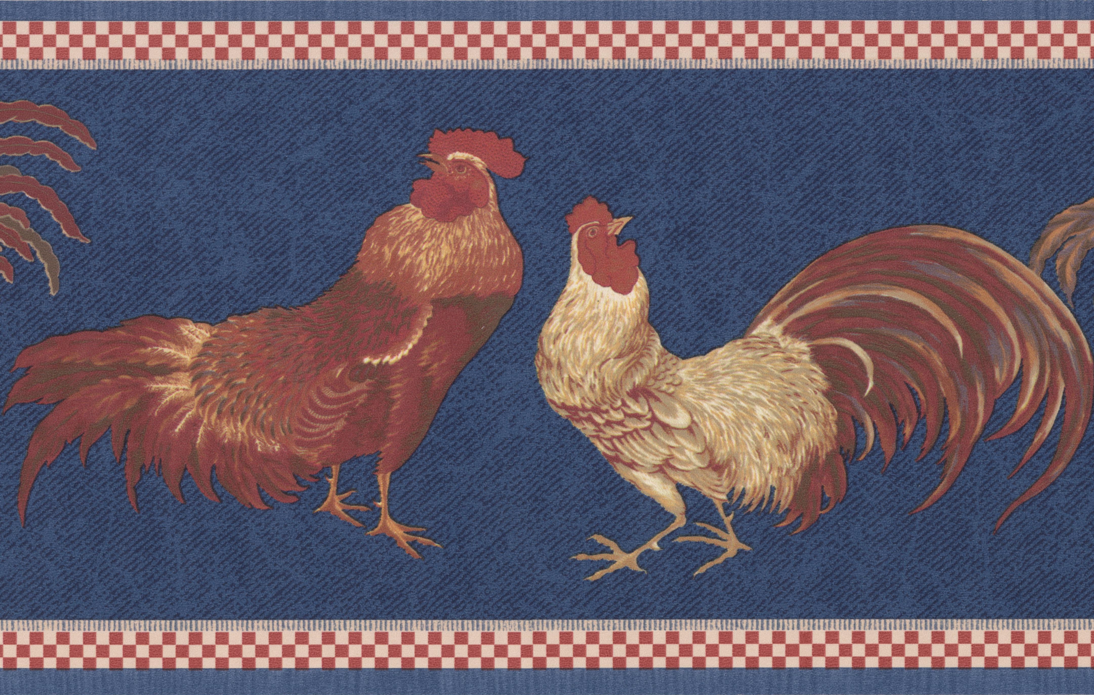 Beige Red Rooster Blue Wallpaper Border Retro Design Roll 15 x 7