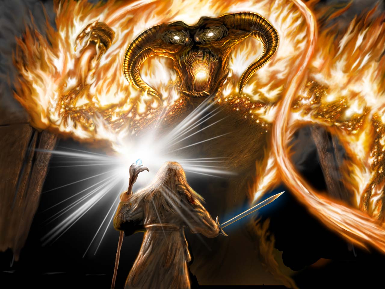 prompthunt Gandalf fighting the Balrog photorealistic intricate  realistic  wallpaper