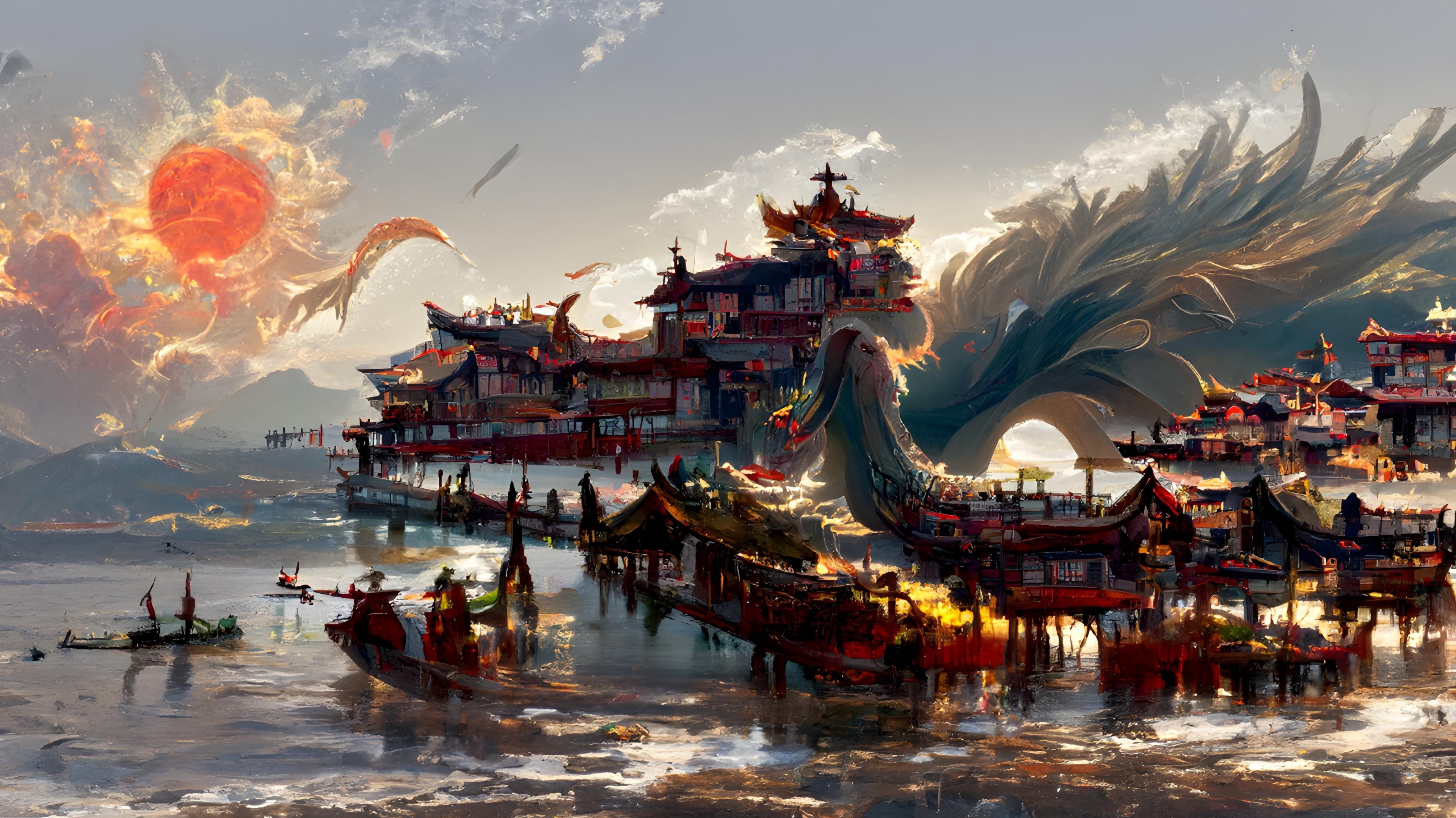 Wallpaper China S Ancient Town Dragon Fantasy