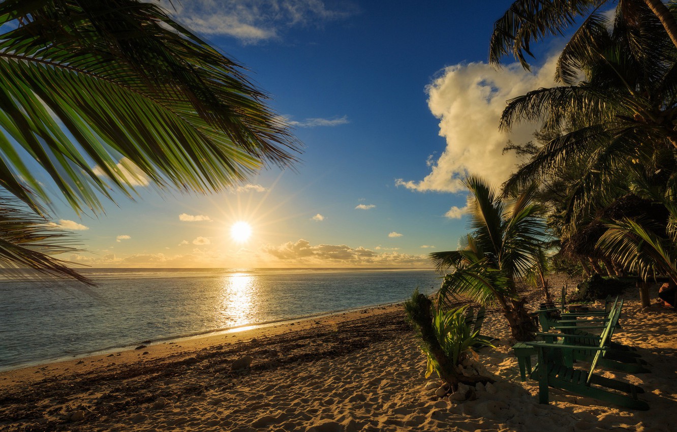 Wallpaper Sand Beach Sunset Palm Trees The Ocean Cook Islands