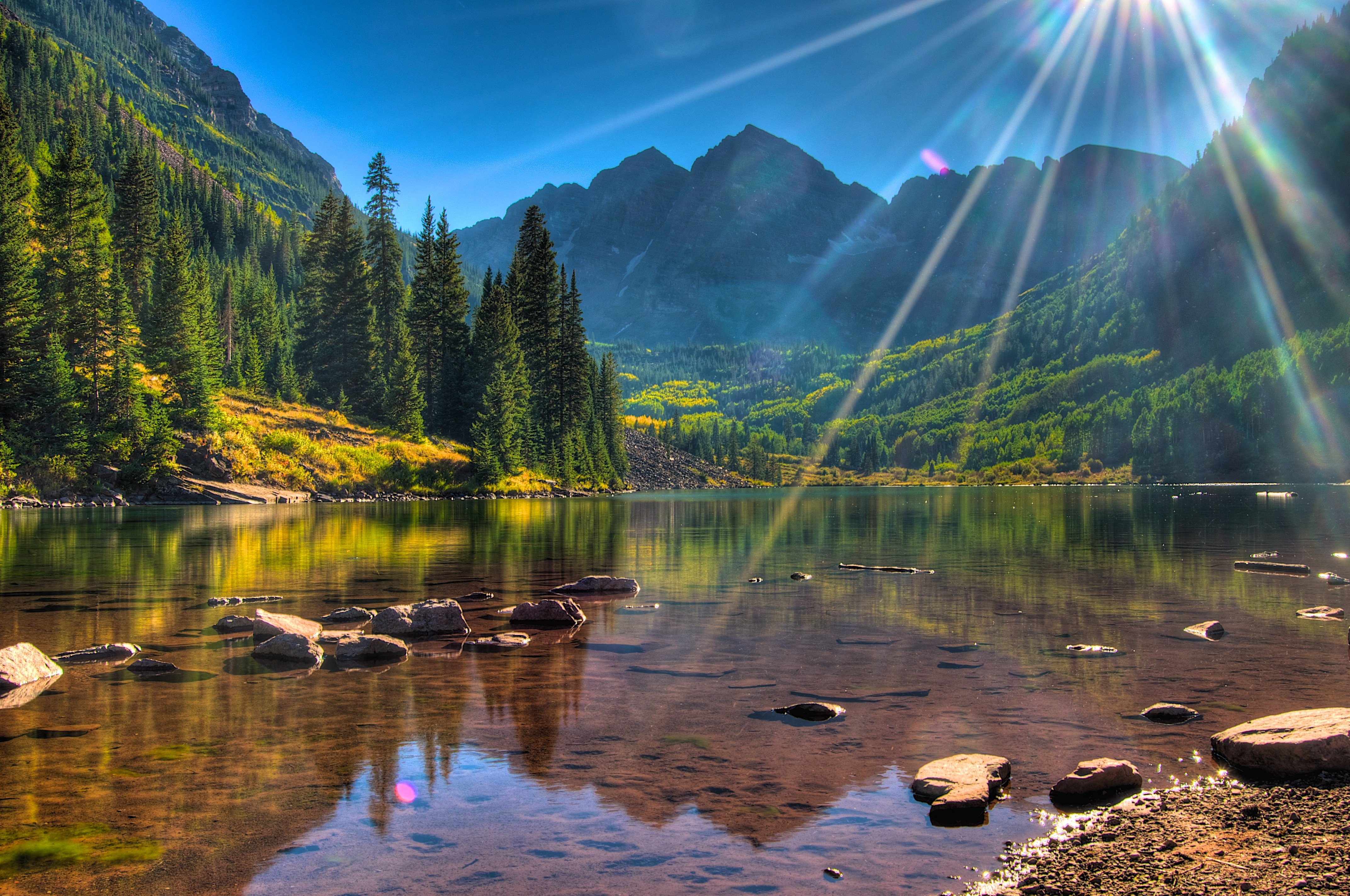 lake USA Colorado Maroon Bells sun sunlight forest mountains wallpaper