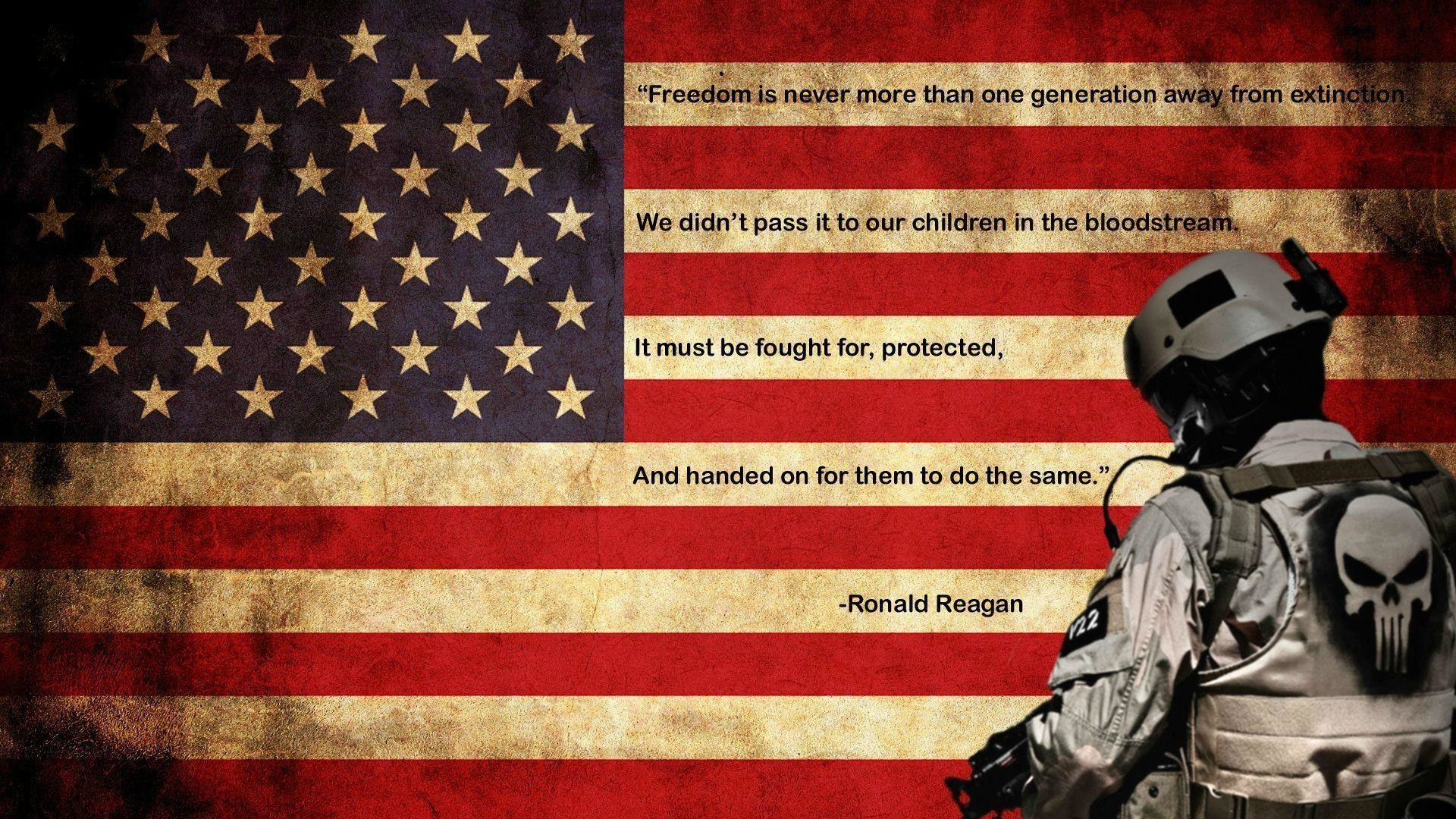 A soldier stands before an American flag, embodying Ronald Reagan's quote on the fragility of freedom