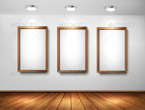 Empty Wooden Frames On Wall With Spotlights Background Decorative