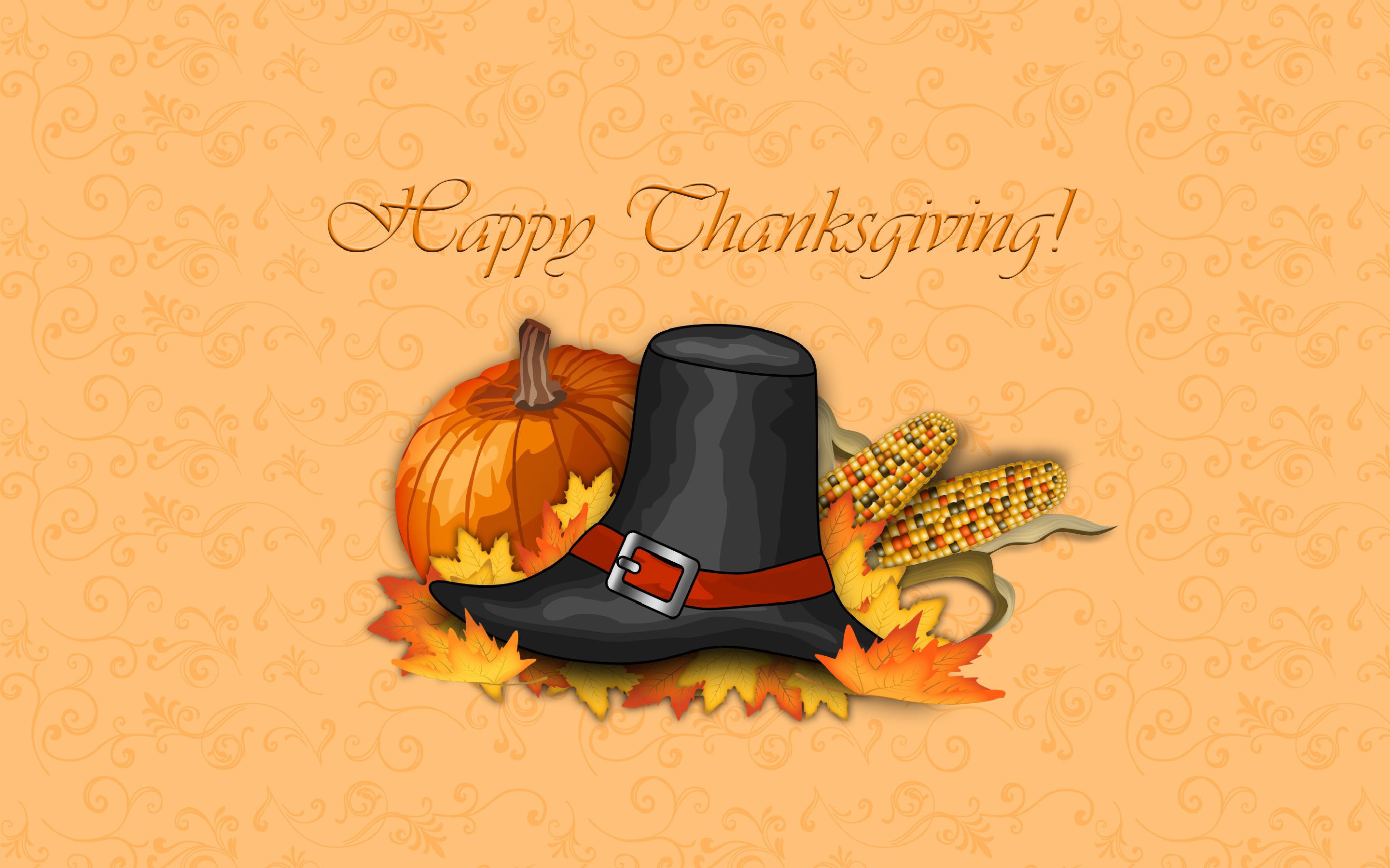 Happy Thanksgiving greeting with a pilgrim hat, pumpkin, corn, and autumn leaves on an orange background