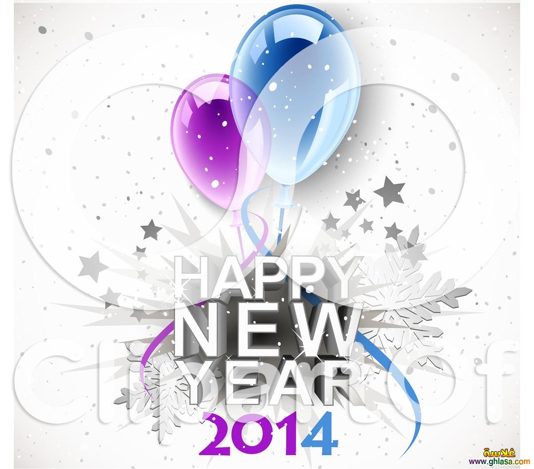 Happy New Year 2014 greeting with balloons and snowflakes