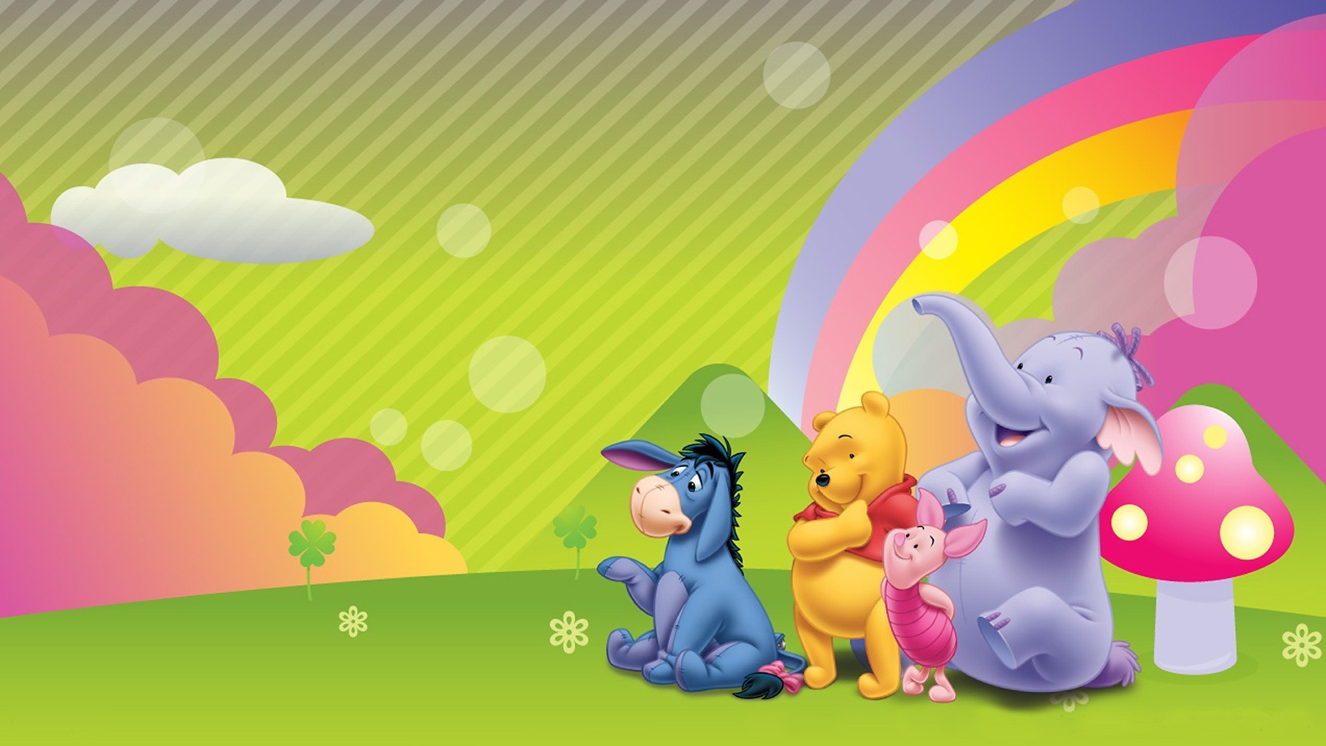 Winnie the Pooh and friends in a whimsical cartoon landscape