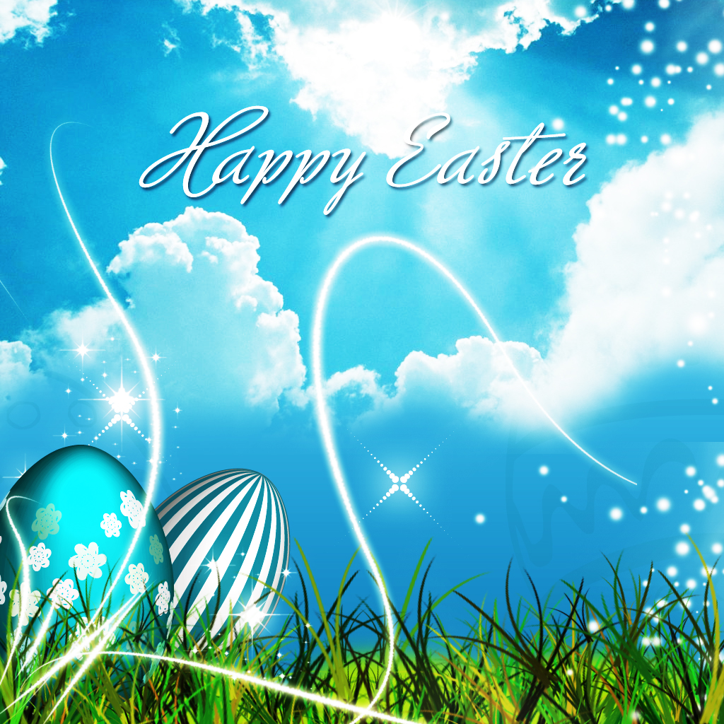 Greeting Happy Easter and painted egg in the grass