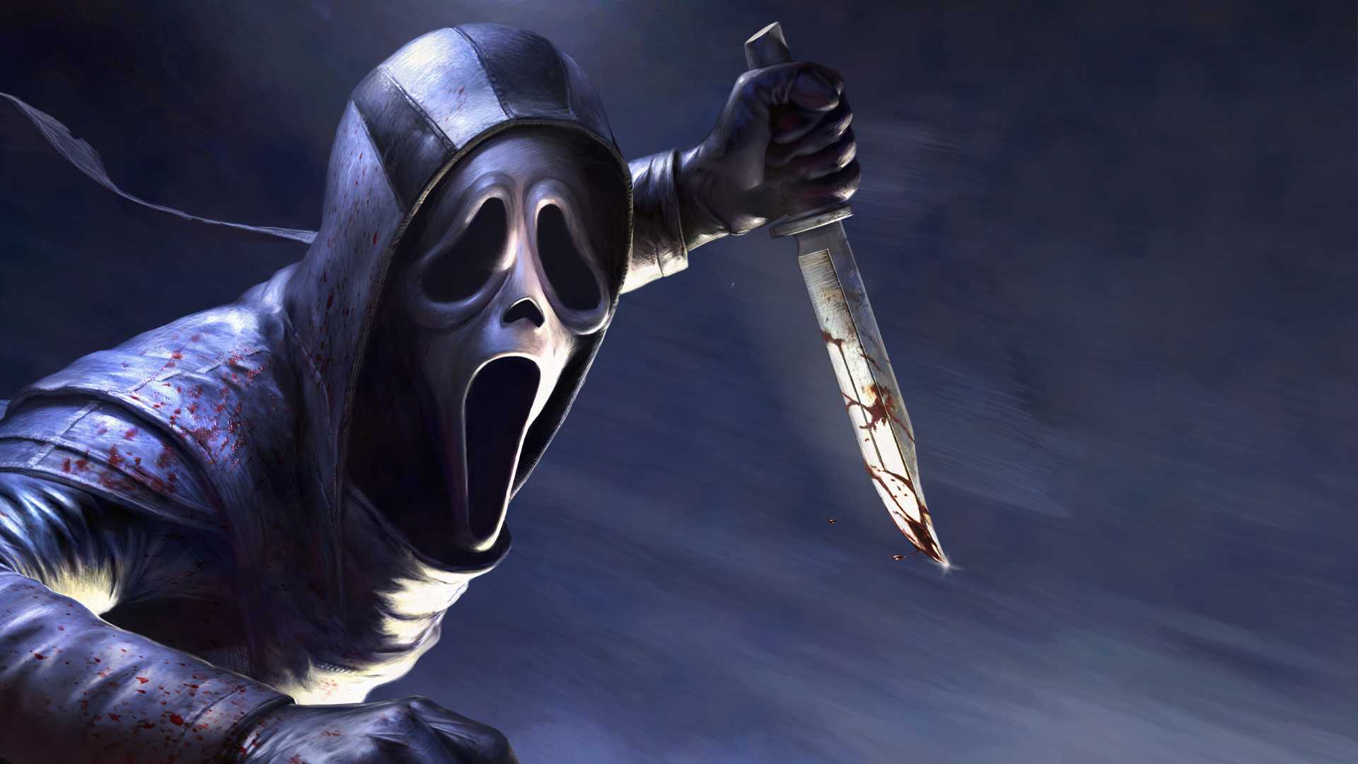 Ghostface from Scream, wielding a bloody knife in a dark, dynamic pose
