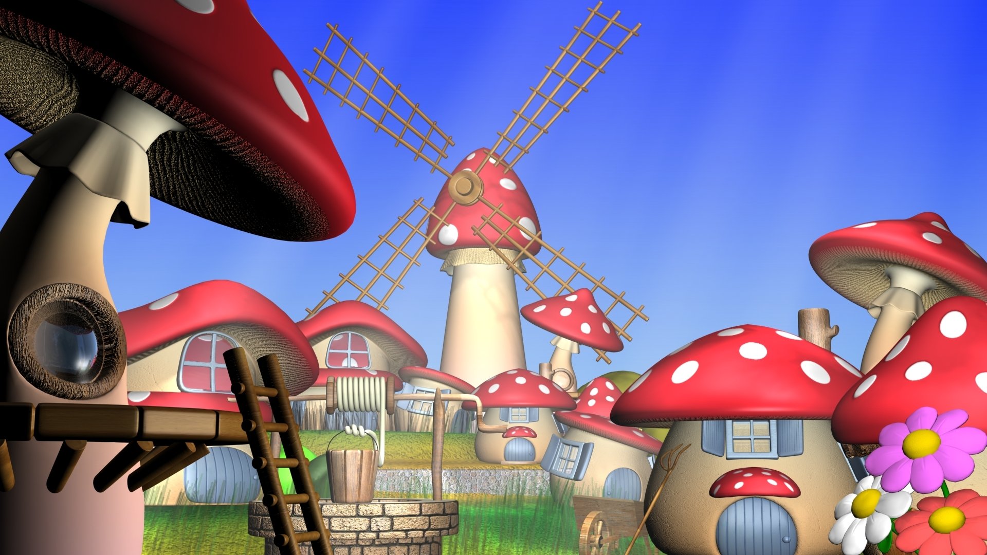 Cartoon Mushroom Village HD Wallpaper Background Image