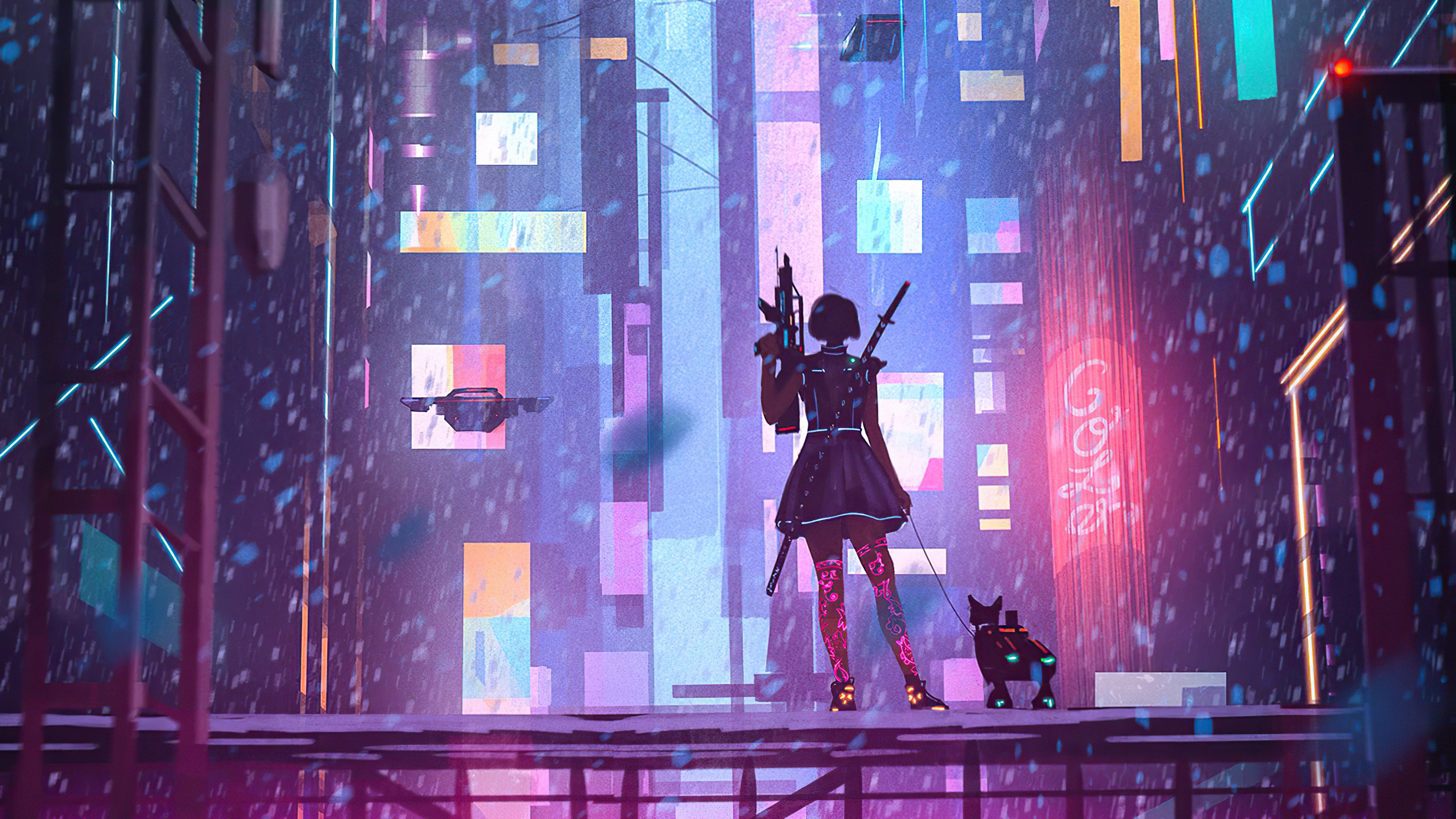 Girl With Dog In Cyber City 4k Wallpaper