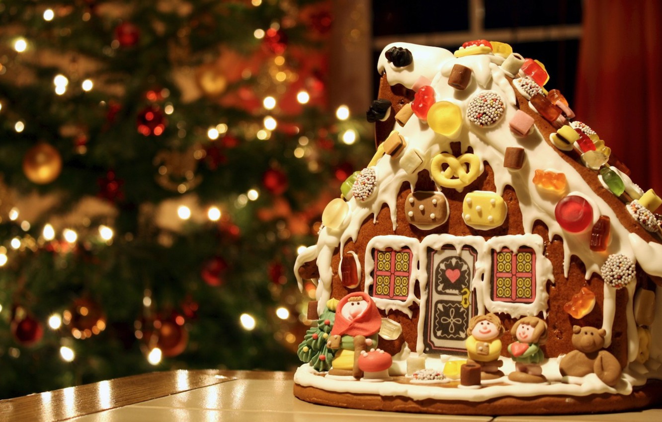 Wallpaper Tree Sweets Figures Gingerbread House Image For