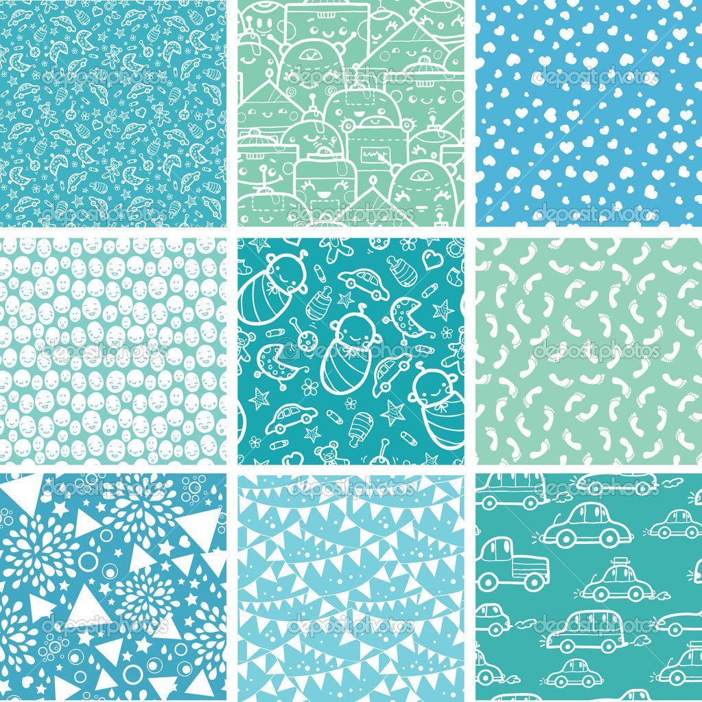 Baby Boy Blue Background Nine Seamless Patterns