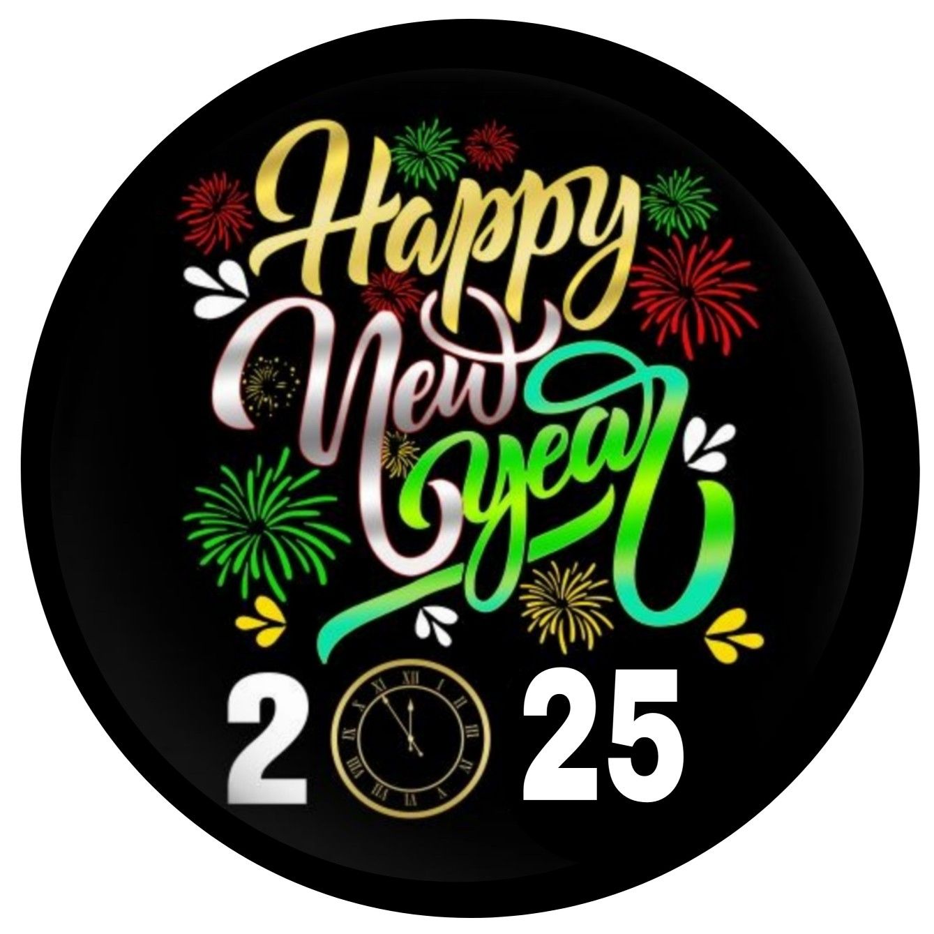 Happy New Year 2025 greeting with fireworks and a clock striking midnight
