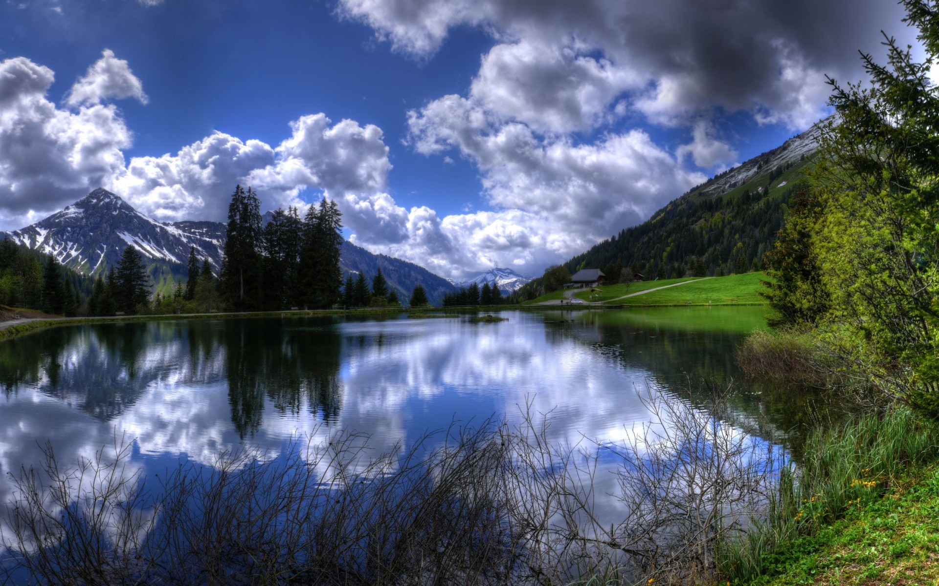 French Alps Nature Landscapes Lakes Reflection Water Shore Trees Sky