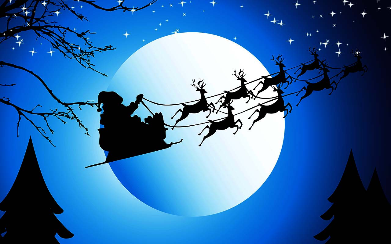 Santa Claus flying his sleigh against a full moon on Christmas Eve